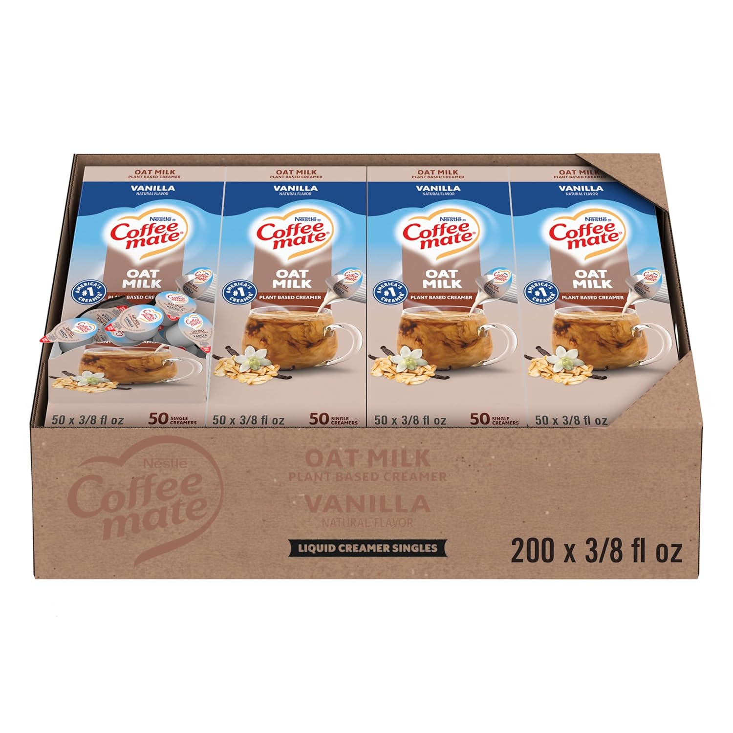 Nestle Coffee mate Coffee Creamer, Oat Milk, Vanilla Natural Flavor, Liquid Creamer Singles, Plant-Based, Non Dairy, No Refrigeration, 0.375 fl oz Tubs (Pack of 200)