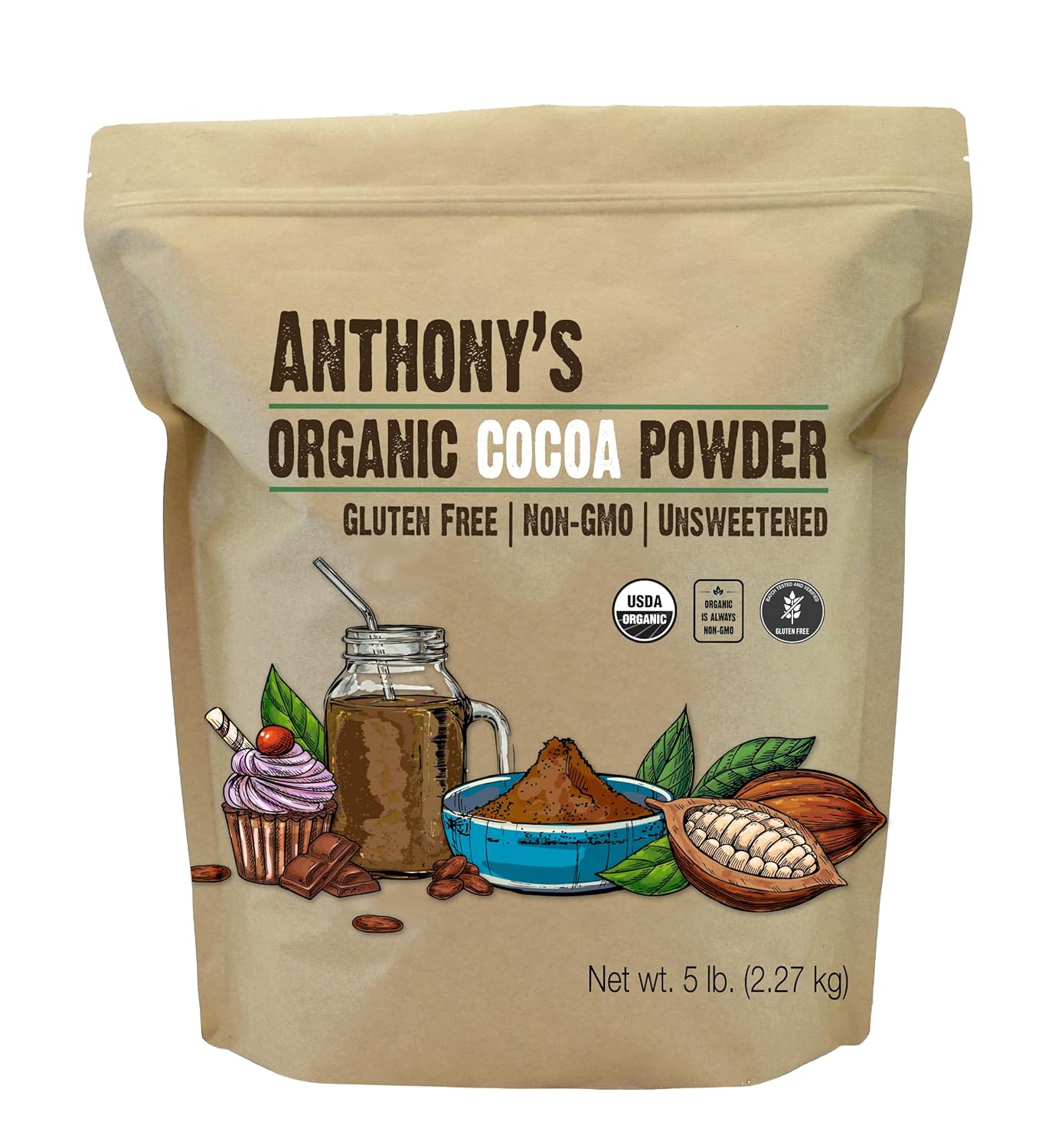 Anthony's Organic Cocoa Powder, 5 lb, Unsweetened, Gluten Free, Non GMO