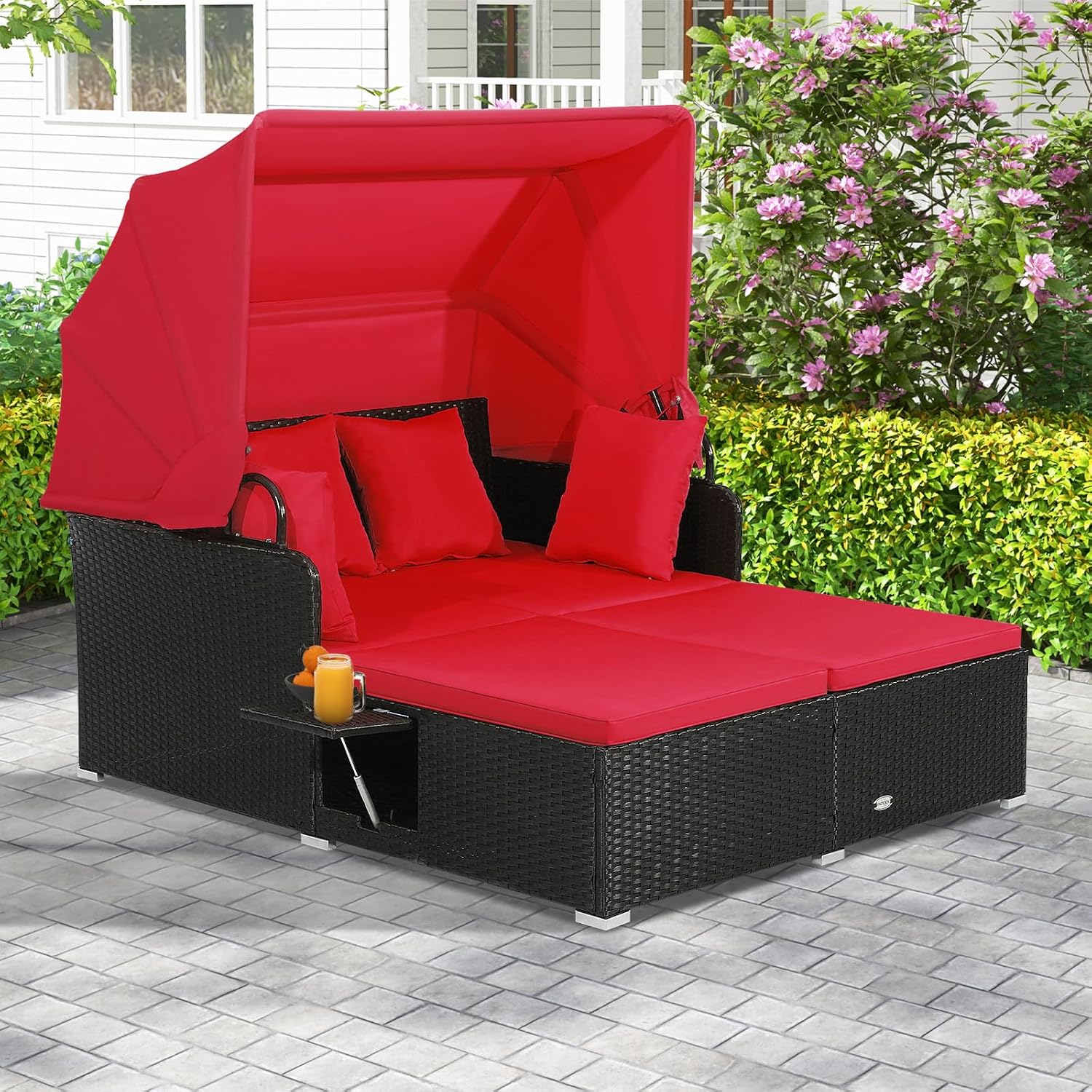 ORALNER Outdoor Daybed, 2-Person Wicker Patio Sofa with Retractable Canopy, Cushions & Pillows, 2 Side Trays, PE Rattan Double Sunbed Lounger for Deck Poolside Backyard Garden Balcony (Red)