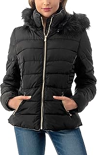 Women's Short Puffer Coat with Removable Faux Fur Trim Hood Jacket