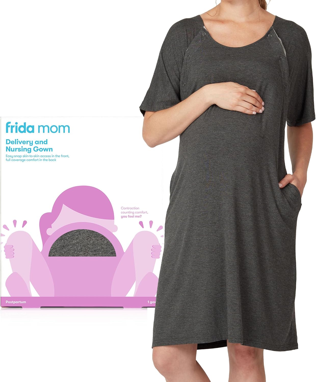 FridaBaby Delivery and Nursing Gown | Easy-Snap, Tagless, Skin-to-Skin Access for Nursing and Full Coverage in The Back