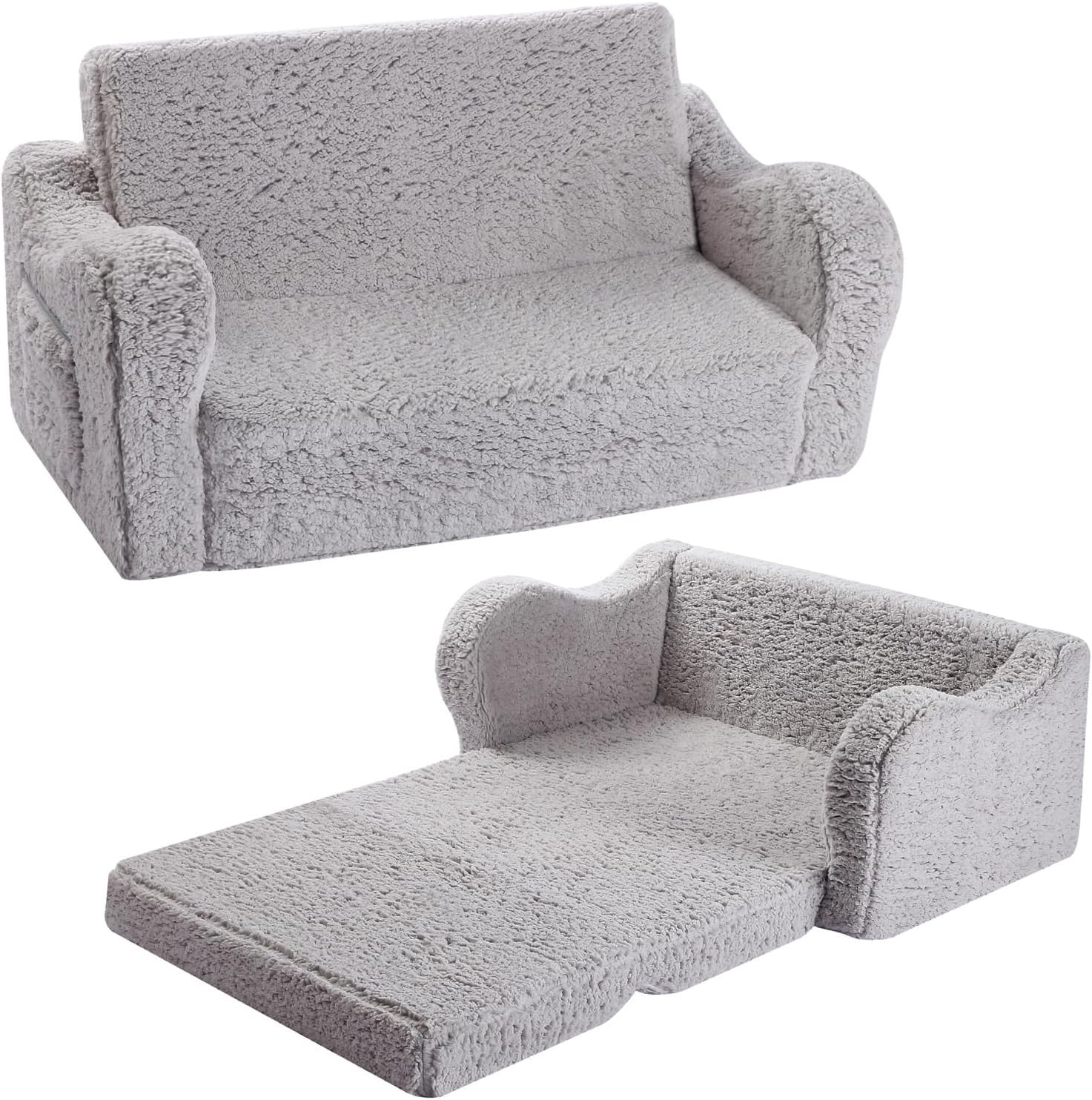 MOMCAYWEX Kids Sofa Chair, Extra Wide 2-in-1 Foldable Couch, Sherpa, Grey | Fold-Out Sofa Furniture, Removable Washable Soft Cover, Lightweight, Reading Playing Comfy Convertible Chair, Boys Girls