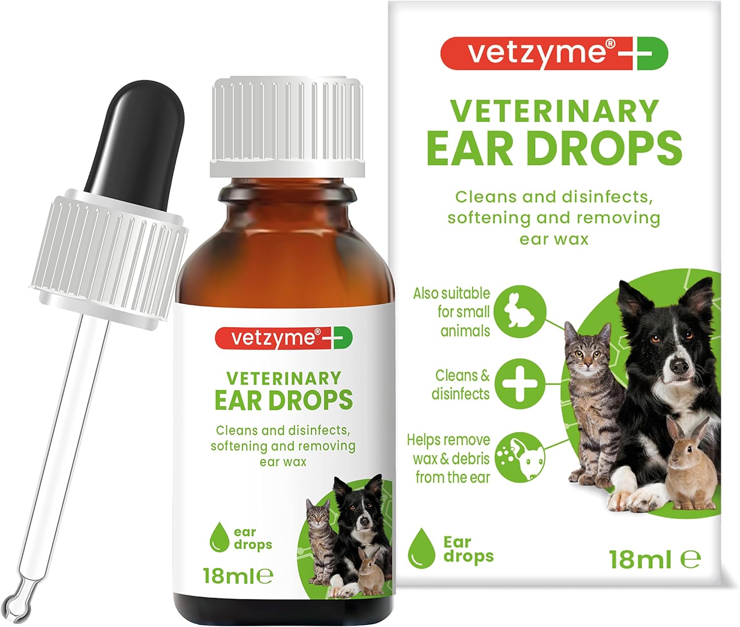 Vetzyme Veterinary Ear Drops for Dogs, Cats and Small Pets - Antibacterial Formula Soothes Irritation (18ml)