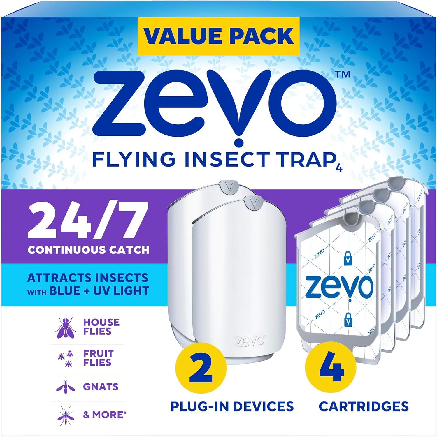 Zevo 2 Flying Insect Traps & 4 Cartridges - Plug In Fly Trap & Indoor Bug Catcher for Gnats, House & Fruit Flies - Mess-Free - Use in Any Room - Uses Blue & UV Light (2 Plug In Devices & 4 Cartridges)