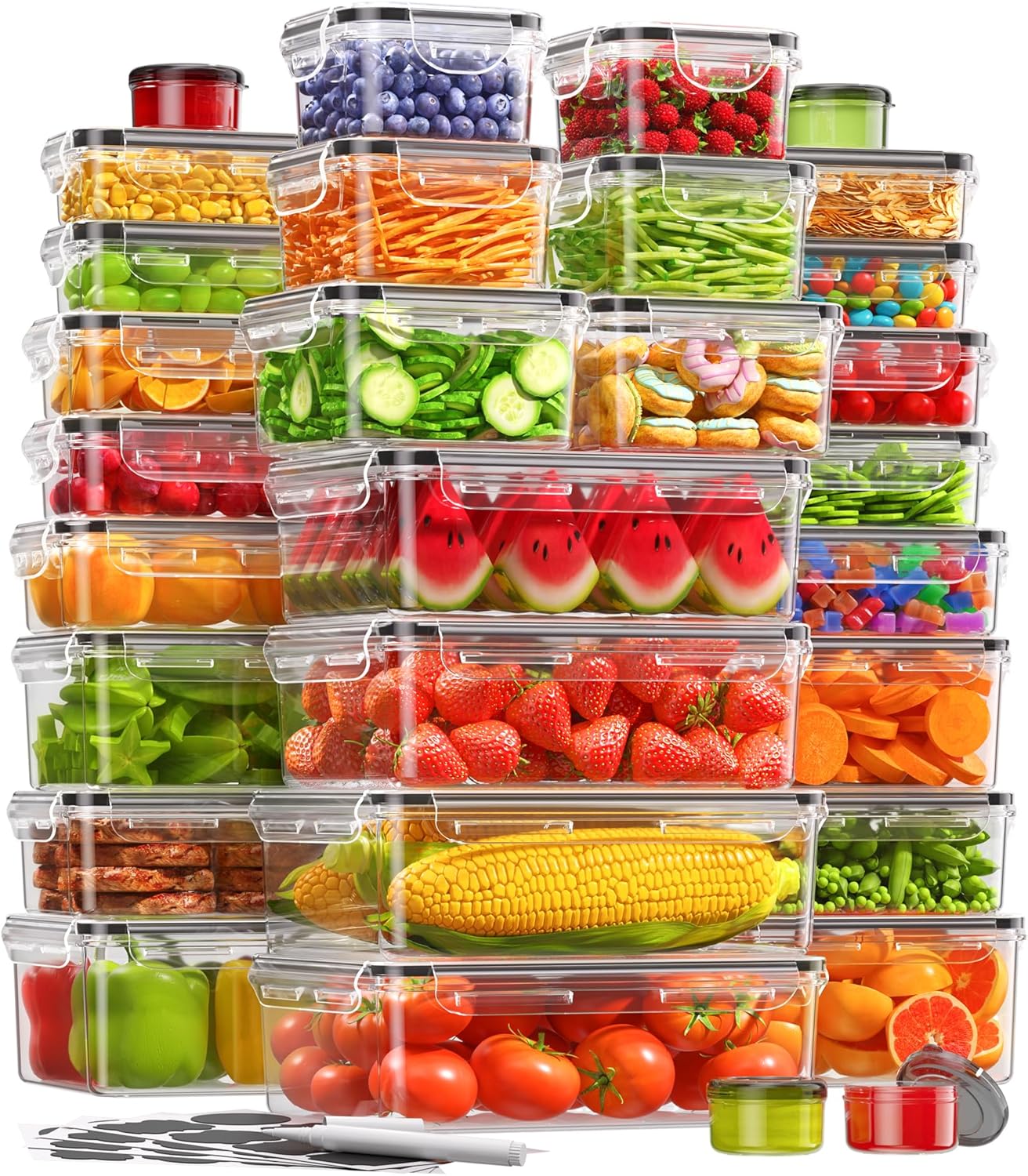 60 PCS Food Storage Containers with Lids, BPA-Free Plastic Food Containers for Kitchen Storage, Leak Proof, Reusable Meal Prep Containers with Labels & Pen
