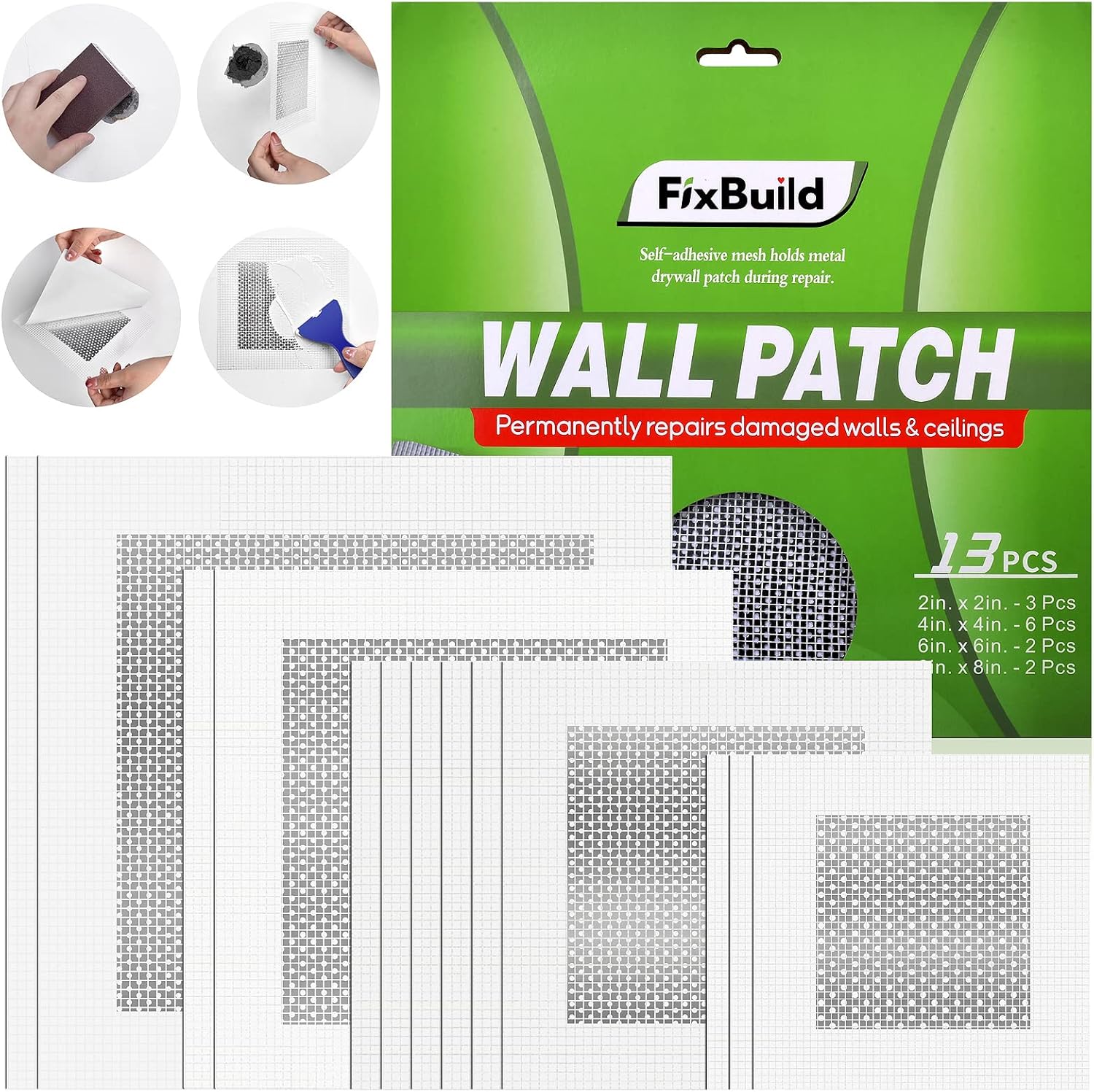Drywall Repair Kit, 13 Piece Aluminum Wall Repair Patch Kit, 2/4/6/8 inch Aluminum Drywall Patch, Quick Fix Plaster