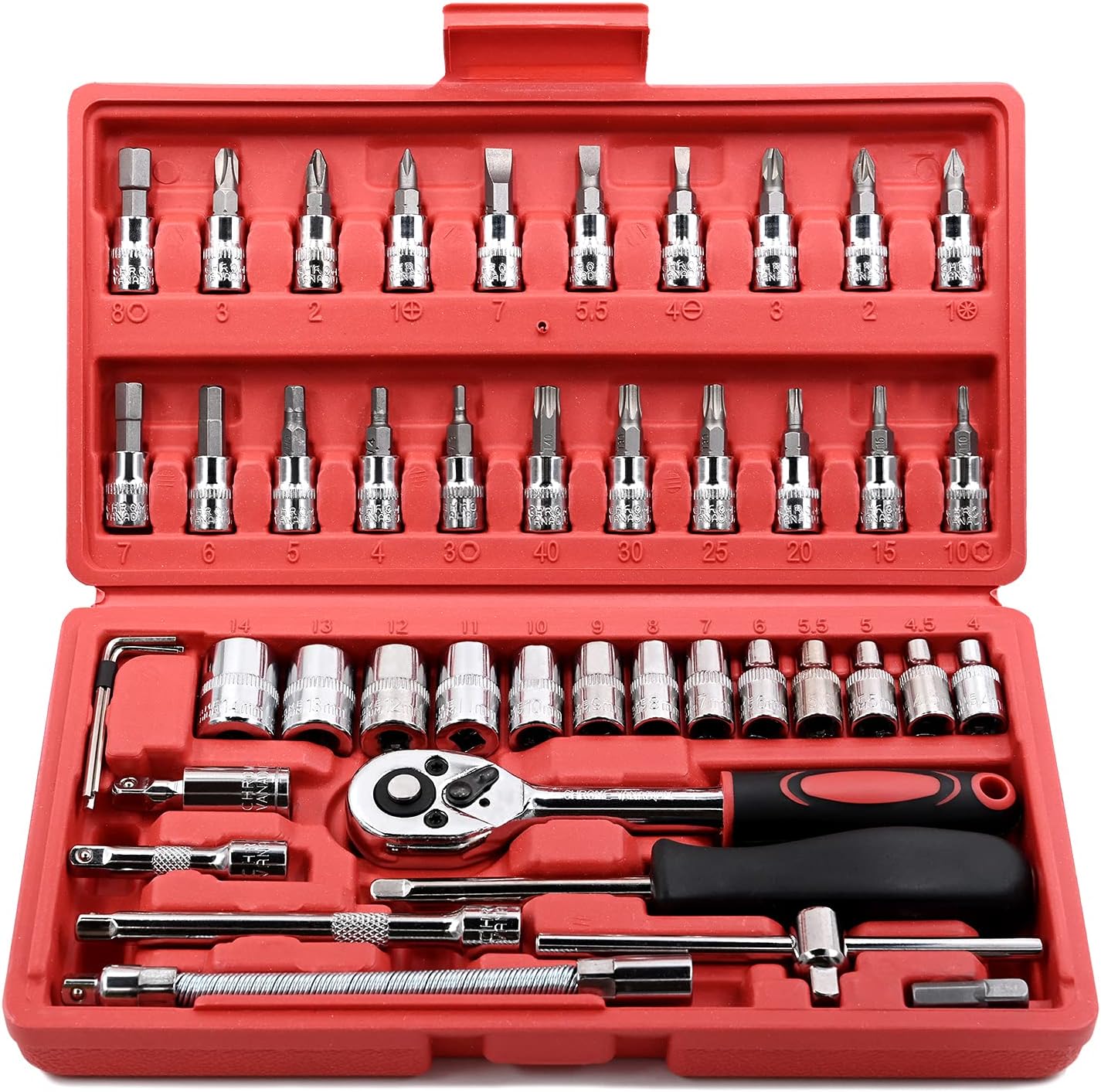 EGOFINE 46 Pieces 1/4" Drive Socket Set&Tool Sets, Ratchet Wrench Set with Bit Socket Set Metric and Extension Bar for DIY, Car Repair and Household with Storage Case
