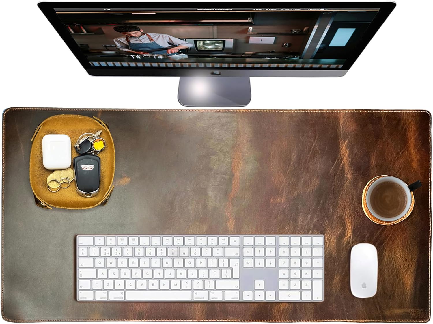 Leather Desk Mat Desk Pad - Full Grain (32x16) Leather Desk Cover Blotter & Protector - Large Computer Keyboard Gaming Table Mat - Desktop Accessories Mouse Pad for Laptop, Office & Home