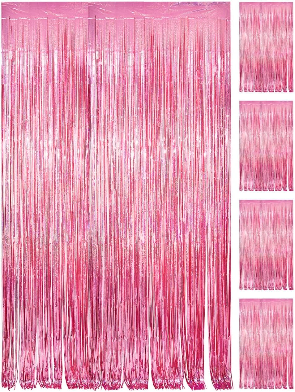 PVEGOS 4PCs 3.3 x 8.3 ft Laser Pink Glitter Tinsel Curtains Foil Curtain Backdrop.Laser Luminescent Particles Foil Fun Fringe Streamers for Party Birthday Decoration,Engagement,School Events