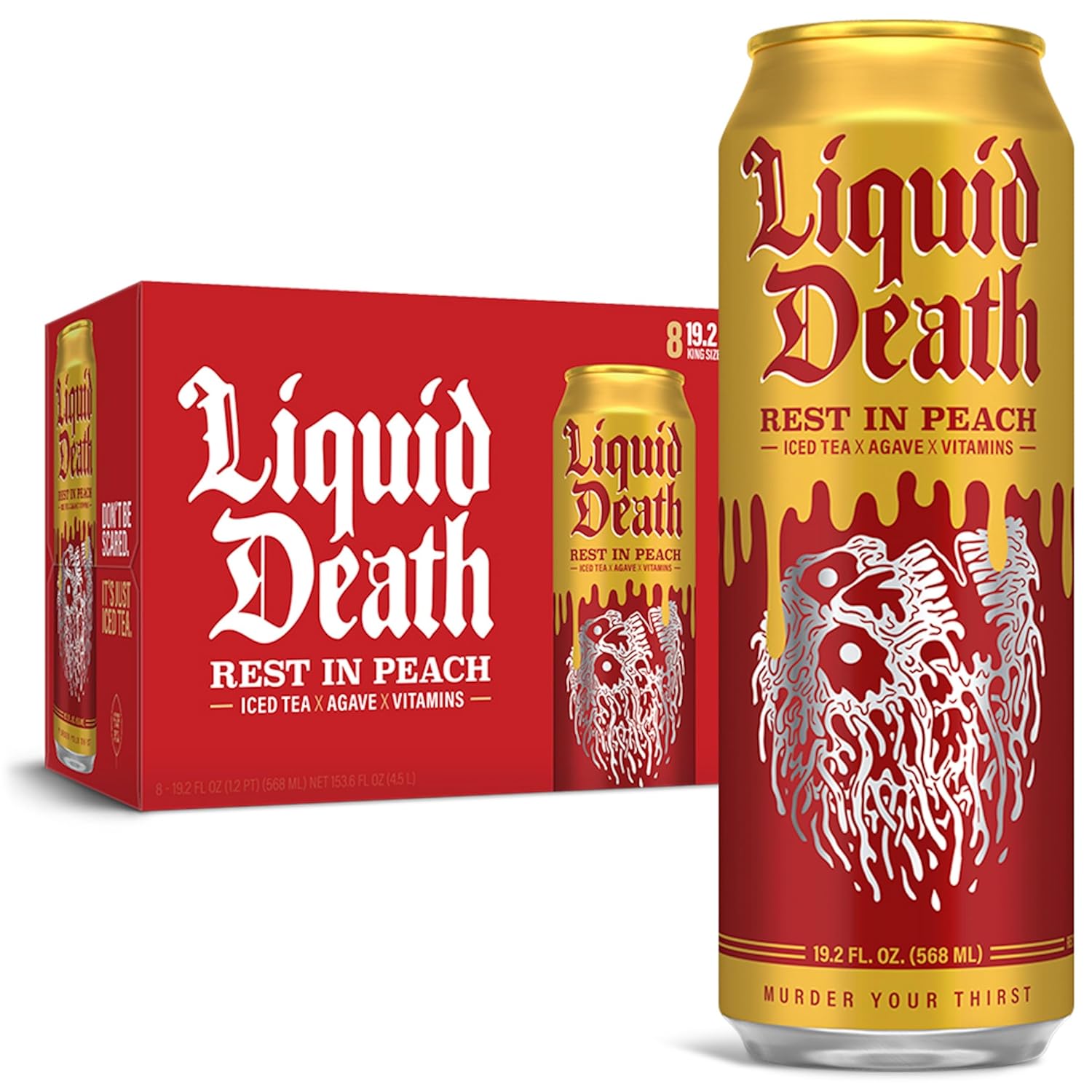 Liquid Death, Rest in Peach Iced Tea, 8-Pack (19.2oz Cans), Peach Flavored Back Tea, Low Calorie, No Artificial Sweeteners, B12 & B6 Vitamins