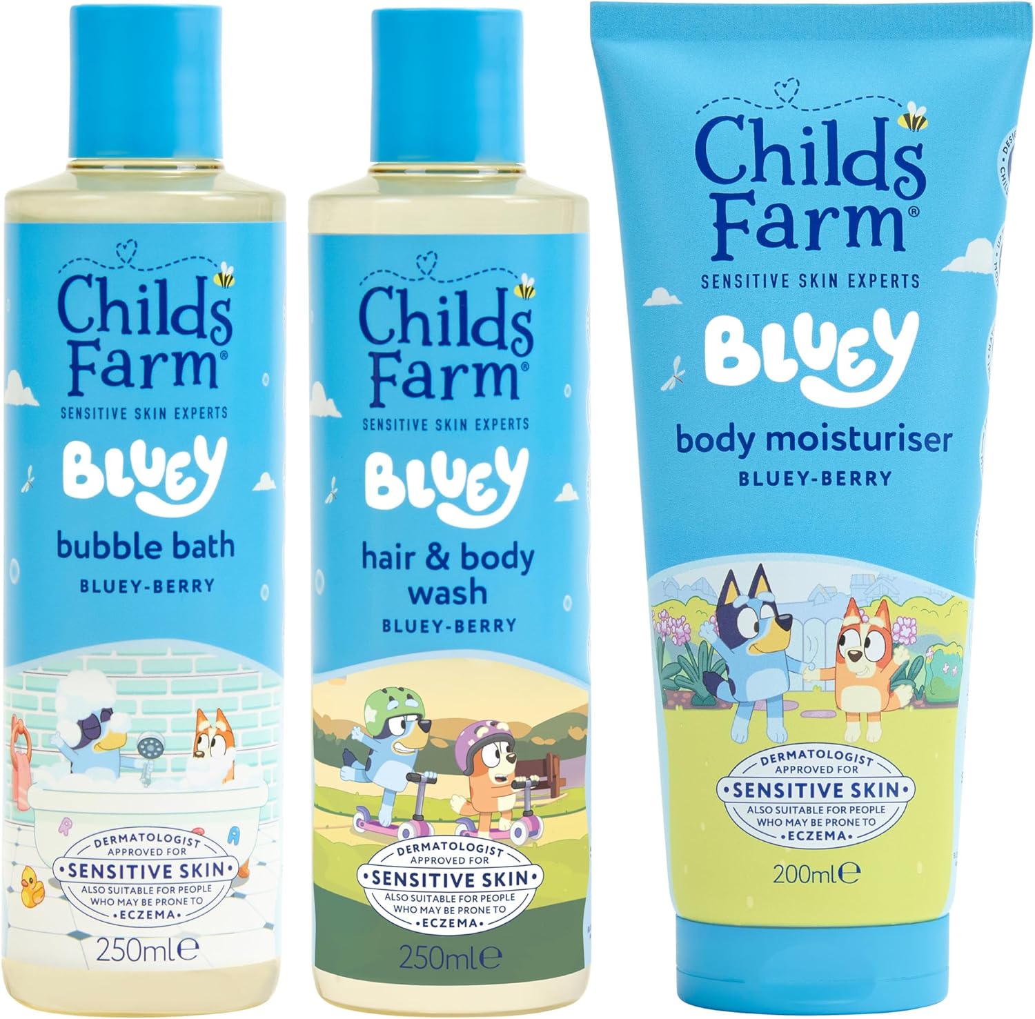 Childs Farm Bluey Regime Bundle | Bluey-Berry Bubble Bath (250ml), Hair & Body Wash (250ml) and Body Moisturiser (200ml) | Suitable for Newborns, Kids & Adults with Sensitive, Dry Skin