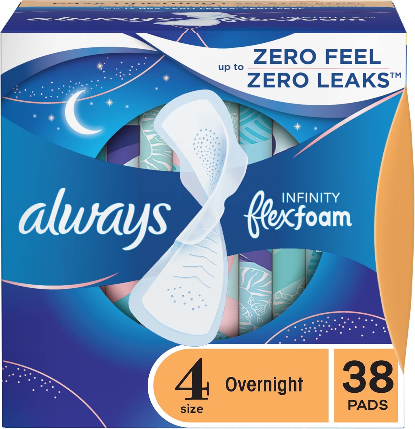 Always Infinity Feminine Pads for Women, Flexfoam Pads with Wings, Size 4, Overnight Absorbency, Unscented, 38 Count