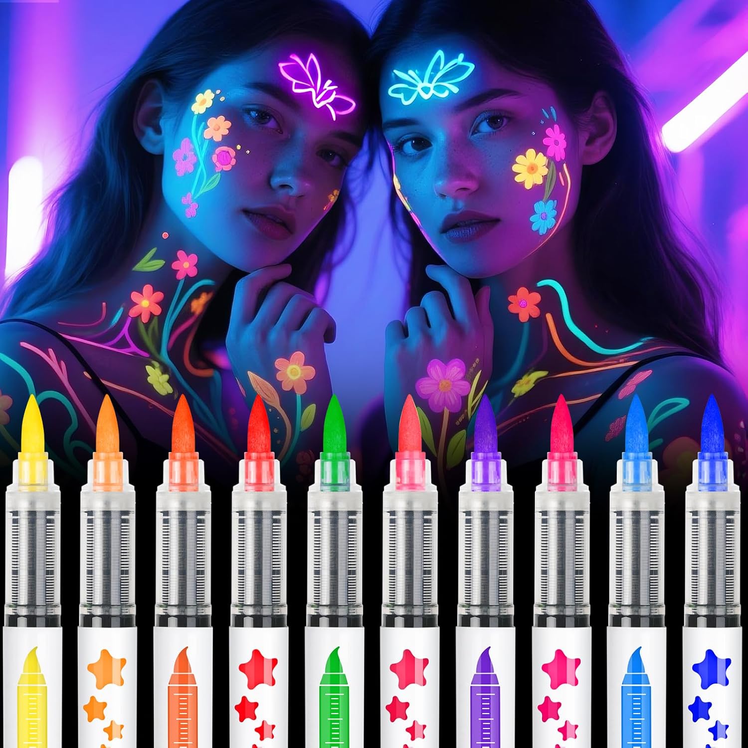nsxsu Glow in The Dark Face Paint Markers 10 Colors, Neon Body Paint Pens for Skin Fluorescent Under Black Light, Washable UV Temporary Tattoo Pens for Glow Party Supplies Birthday Halloween Makeup