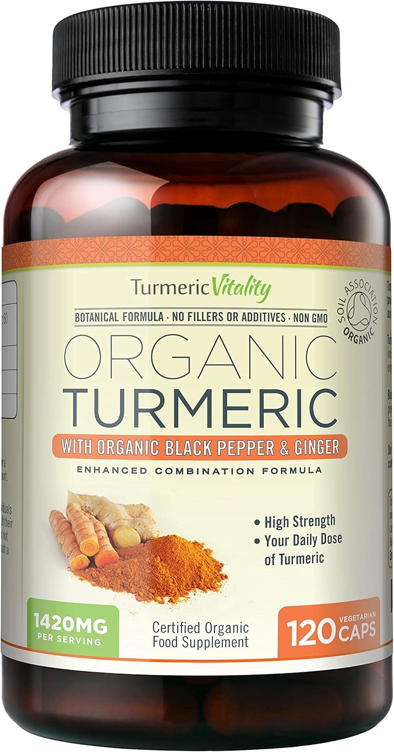 Organic Turmeric Curcumin Capsules 1420mg High Strength Serving with Black Pepper & Ginger for Maximum Absorption of Curcumin | 120 Veg Capsules - Certified Organic Supplement