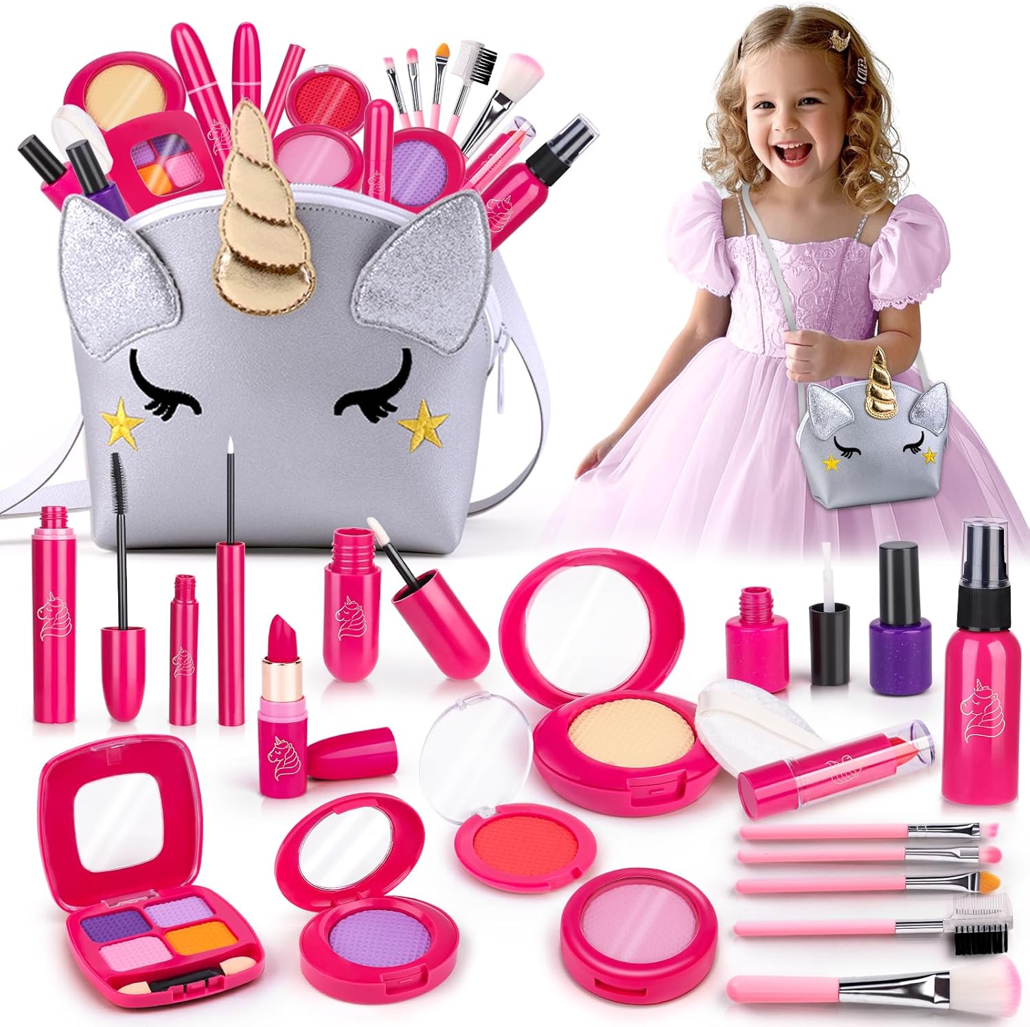 Own1one Pretend Makeup Sets for Girls, Children Fake Make Up Set for Little Girl, Kids Pretend Play Makeup Toys Presents, Little Girl Pretend Makeup Birthday Gifts for Age 3 4 5 6 7 Year Old