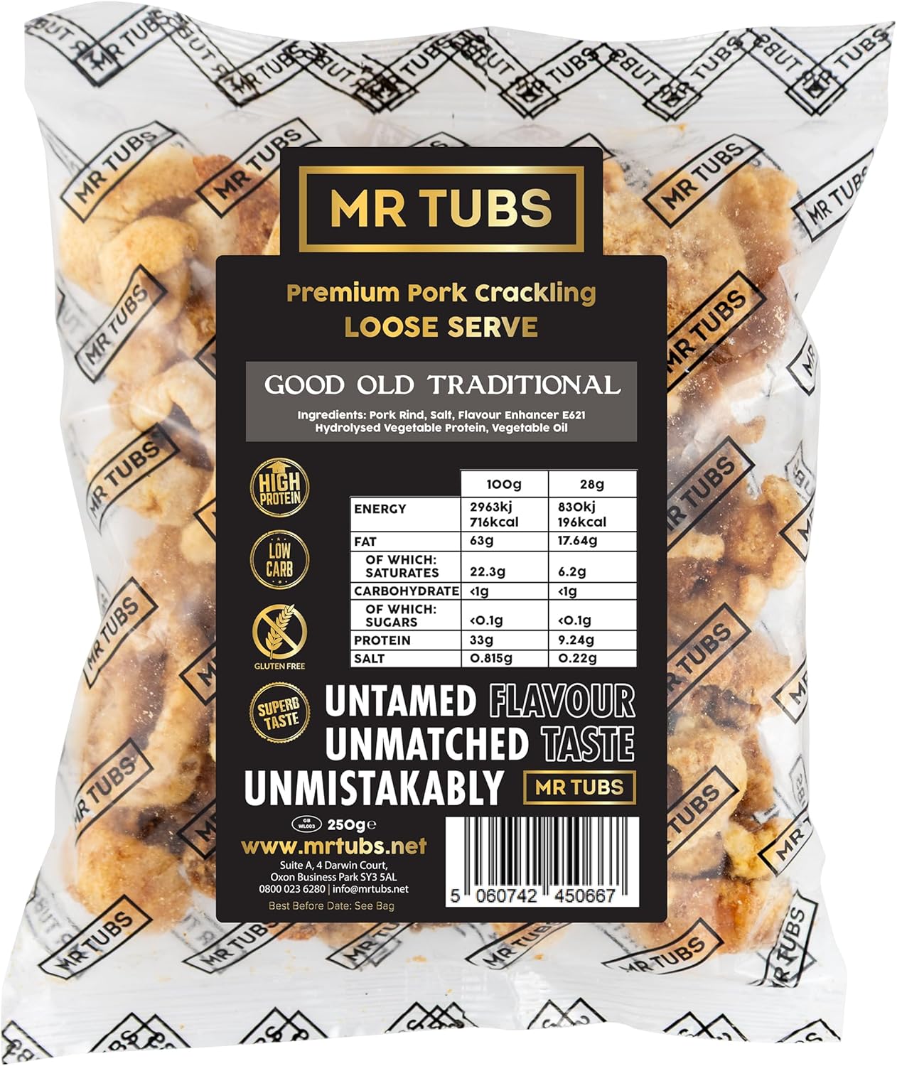 Mr Tubs Pork Crackling 250g Bulk Bag - Premium Crackling, not Scratchings - Select your Flavour - Gluten Free, High Protein, Low Carb, Keto Friendly Pork Rind Meat Gift Snack (Traditional)