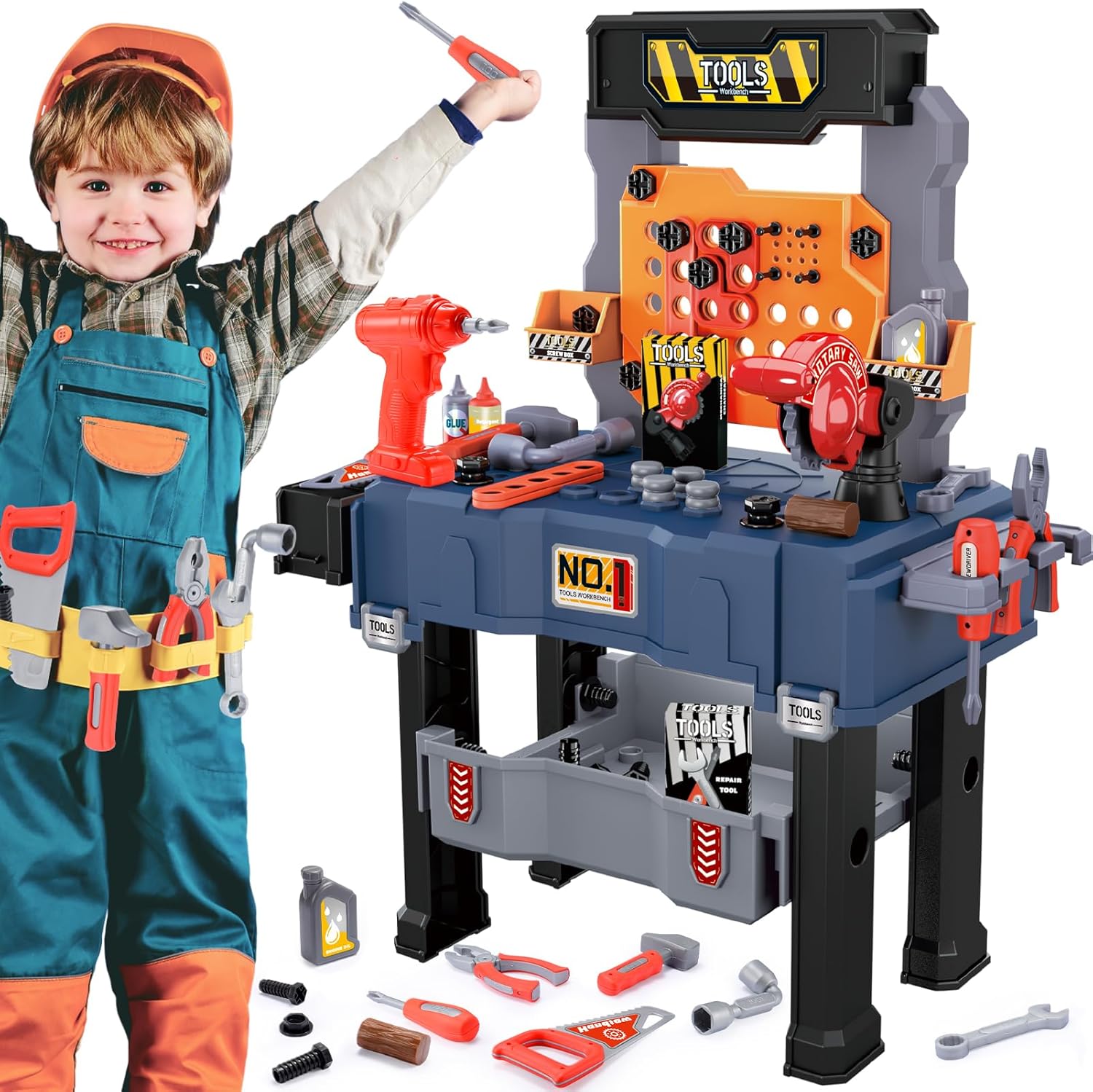 Naxudcoo Kids Work Bench Tool Box: Toys for 3 4 5 6 Year Old Boys Kids Tool Set DIY Educational Set Foldable Tool Bench Boys Toys Age 3-6 Realistic Toy Tools, Gifts for 3 4 5 Year Old Boy Girls