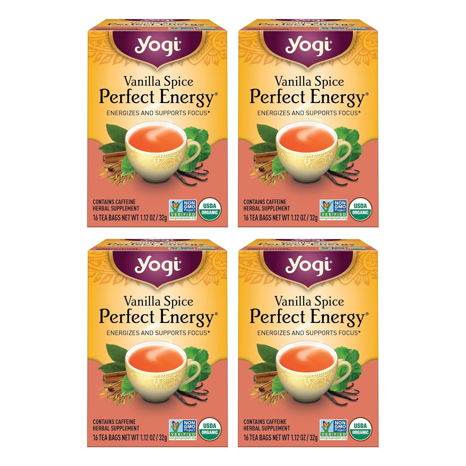 Yogi Tea Vanilla Spice Perfect Energy - 16 Bags per Pack (4 Packs) - Organic Vanilla Energy for Focus - Includes Green & Black Tea, Ashwagandha, L-Theanine & More