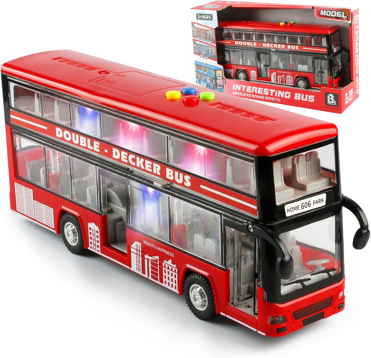 11"(28cm) Double Decker Bus Toy with Lights & Sounds, Scale(1:16) Friction Powered Bus Toy for Kids with Indoor Ceiling Lights and 4 Different Sounds - Gift for Kids Ages 3+ (Red)