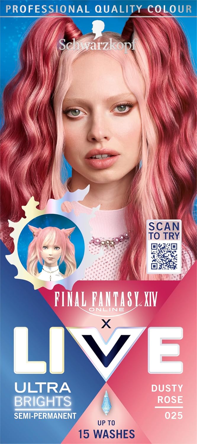 Schwarzkopf LIVE Ultra Brights or Pastels Dusty Rose 025 Shade, Semi-Permanent Rose Hair Dye, FINAL FANTASY™ XIV Online x Live, Vibrant Hair Dye Kit Lasts Up to 15 Washes