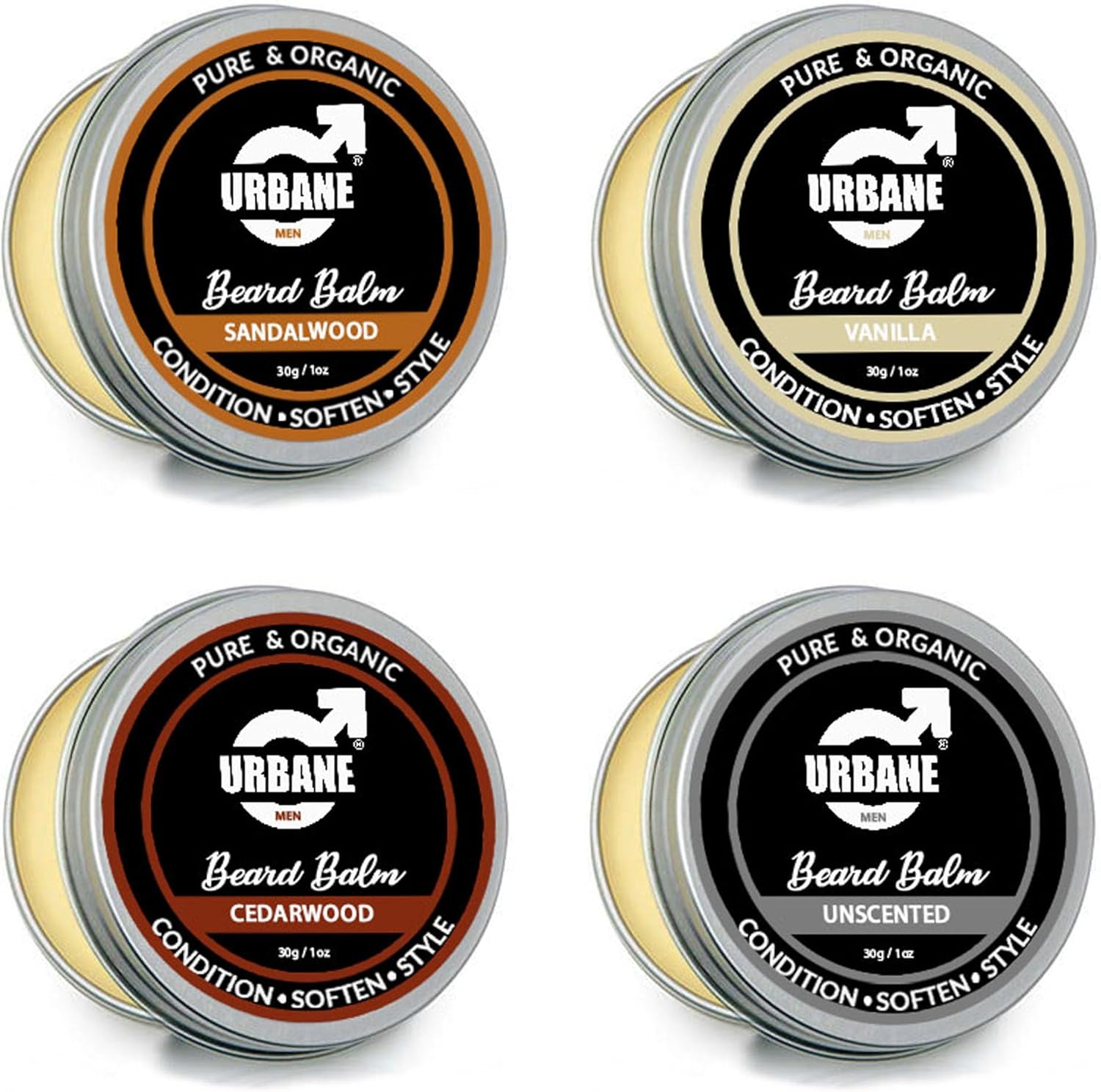 Beard Balm Pack of 4 – Premium Beard Kit with Sandalwood, Vanilla, Cedarwood, Unscented Essential Oils – Moisturising Beard Conditioner