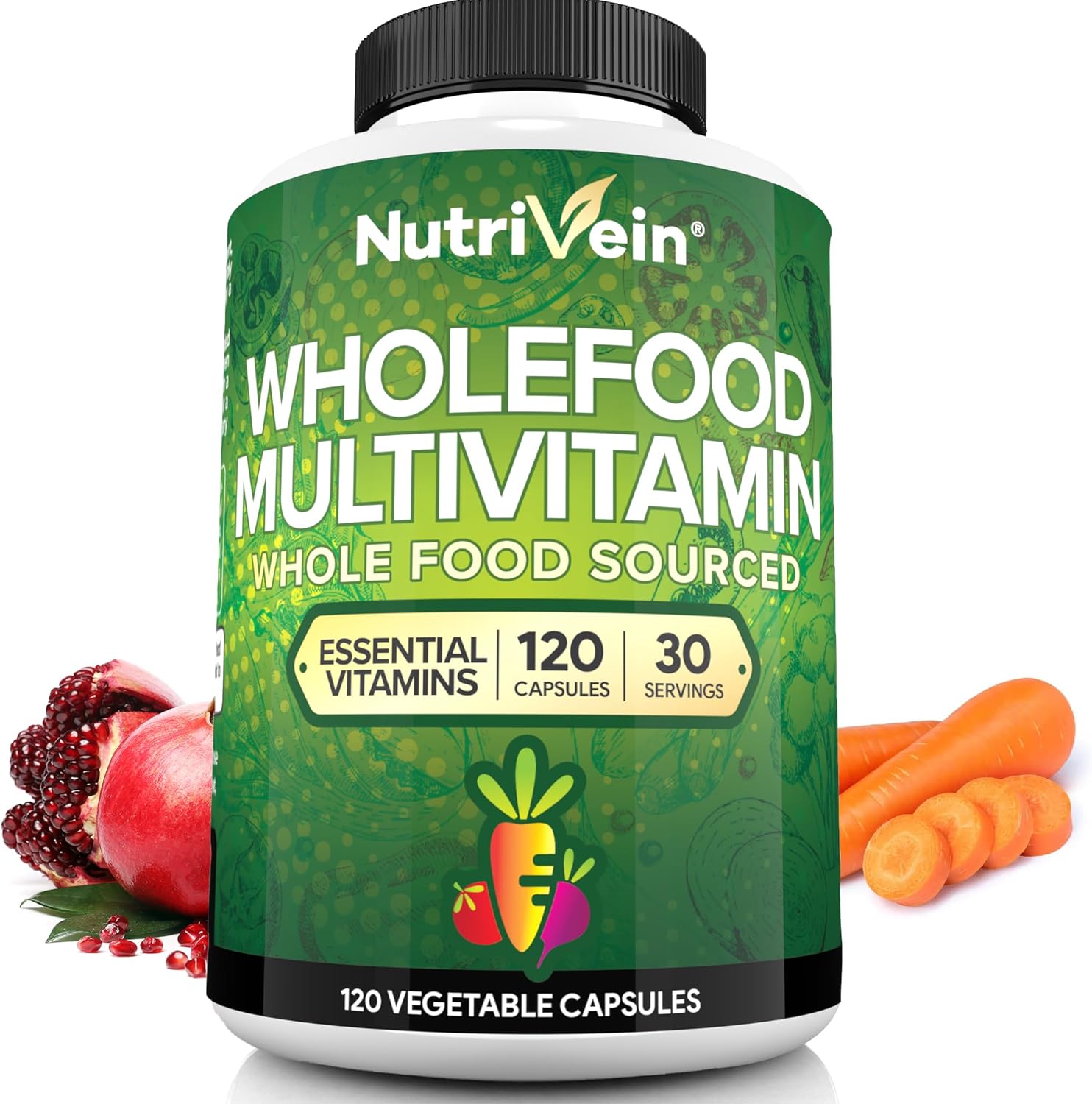 Nutrivein Premium Whole Food Multivitamin - 30 Day Supply (120 Caps): High-Absorption Complete Daily Vitamins for Men & Women - Raw Veggies, Fruits, Vitamin E, A, B Complex and More