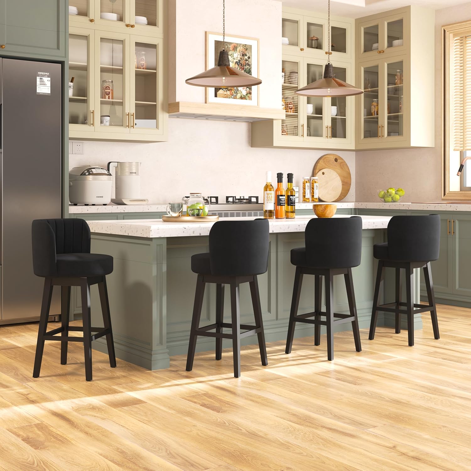 COCO DESIGN Swivel Bar Stools Set of 4, 26" Seat Height Mid Century Modern Bastools with Back, Counter Height Chairs with Linen Upholstered Seat & Solid Wood Legs for Bar Kitchen Island, Black