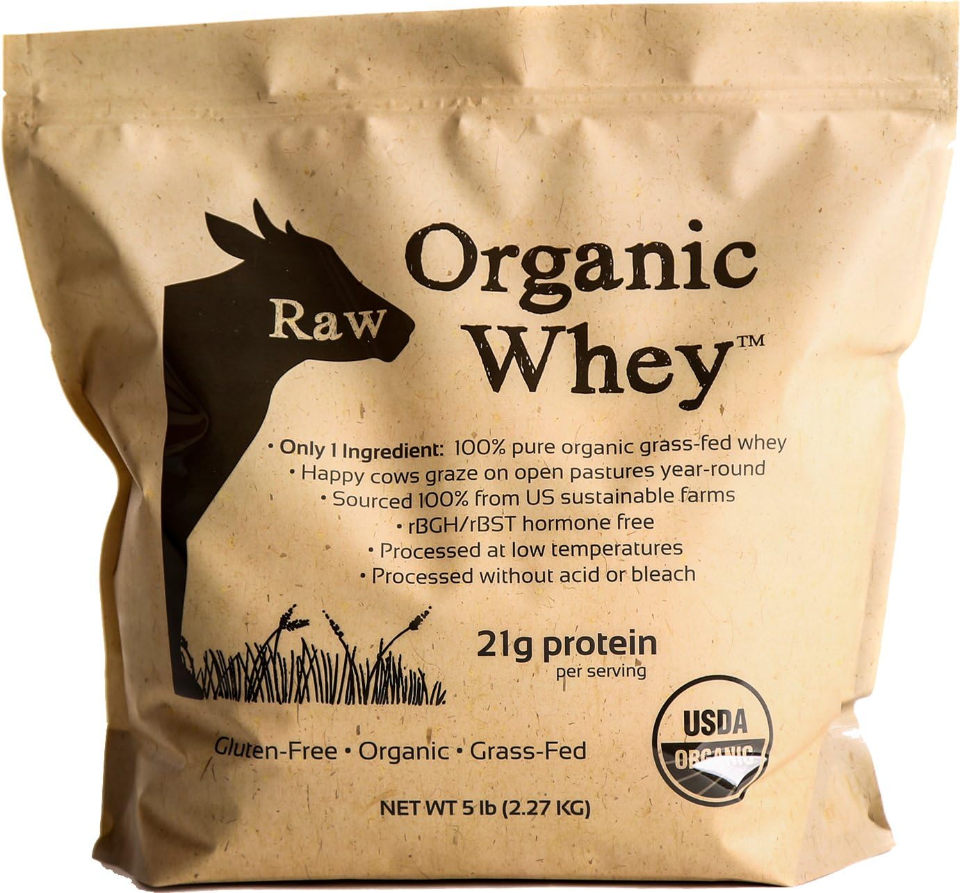 Protein Powder, Grass Fed, Happy Healthy Cows, Undenatured, Hormone Free, Non-GMO, Gluten Free, Unflavored, Unsweetened, 5LB