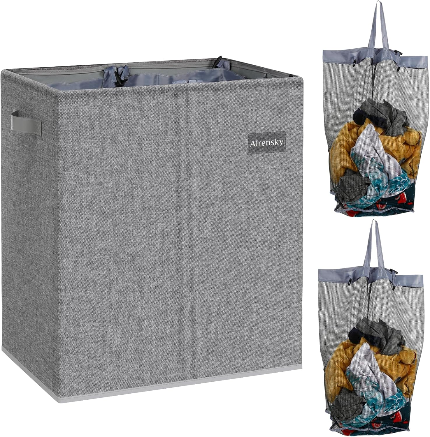 Airensky Double Laundry Hamper Collapsible Laundry Basket,145L Clothes Hamper 2 Section with Bag Removable for Clothes and Toys Storage, Dirty Hampers for Bedroom, Bathroom, Dorm,Gray