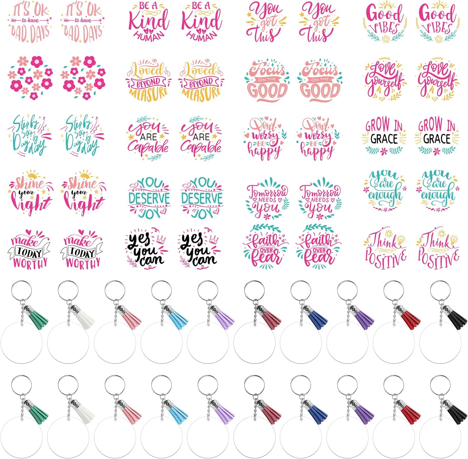 Acrylic Keychain Blanks, Inspirational UV DTF Transfer Stickers, Clear Acrylic Blanks, Tassels, DIY Keychain Crafts