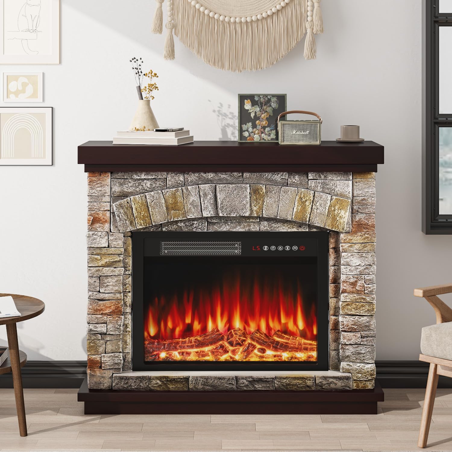 23" Electric Fireplace with Mantel,Electric Fireplace Heater with Faux-Stone Mantel,Freestanding Fireplace Heater with Adjustable 3D Flame,Fireplace TV Stand for Living Room Bedroom, 36 inch