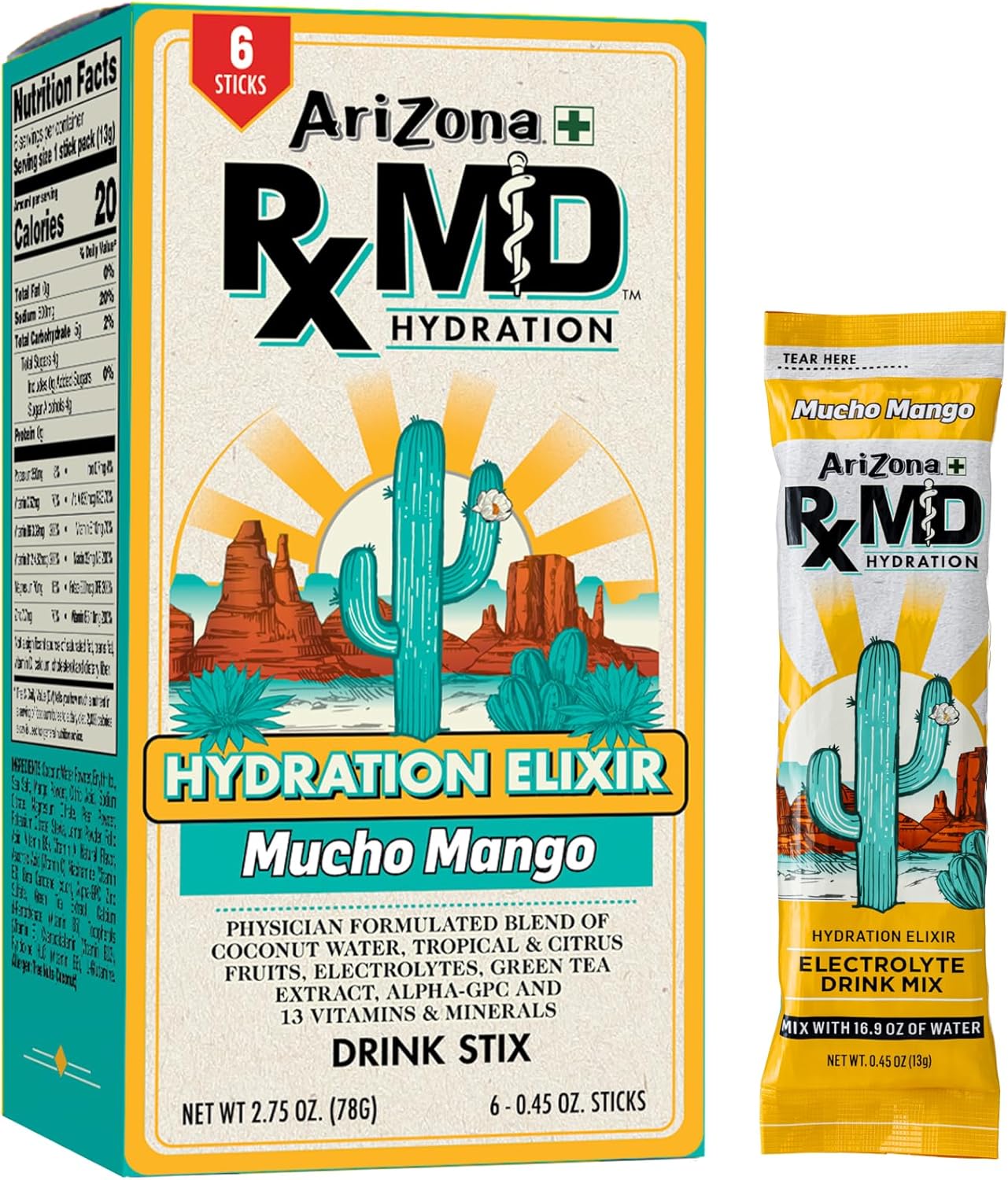 Arizona Rx MD Hydration Mucho Mango - Drink Mix - 920mg of Electrolytes - 0.45 oz Powder Sticks (Pack of 6)