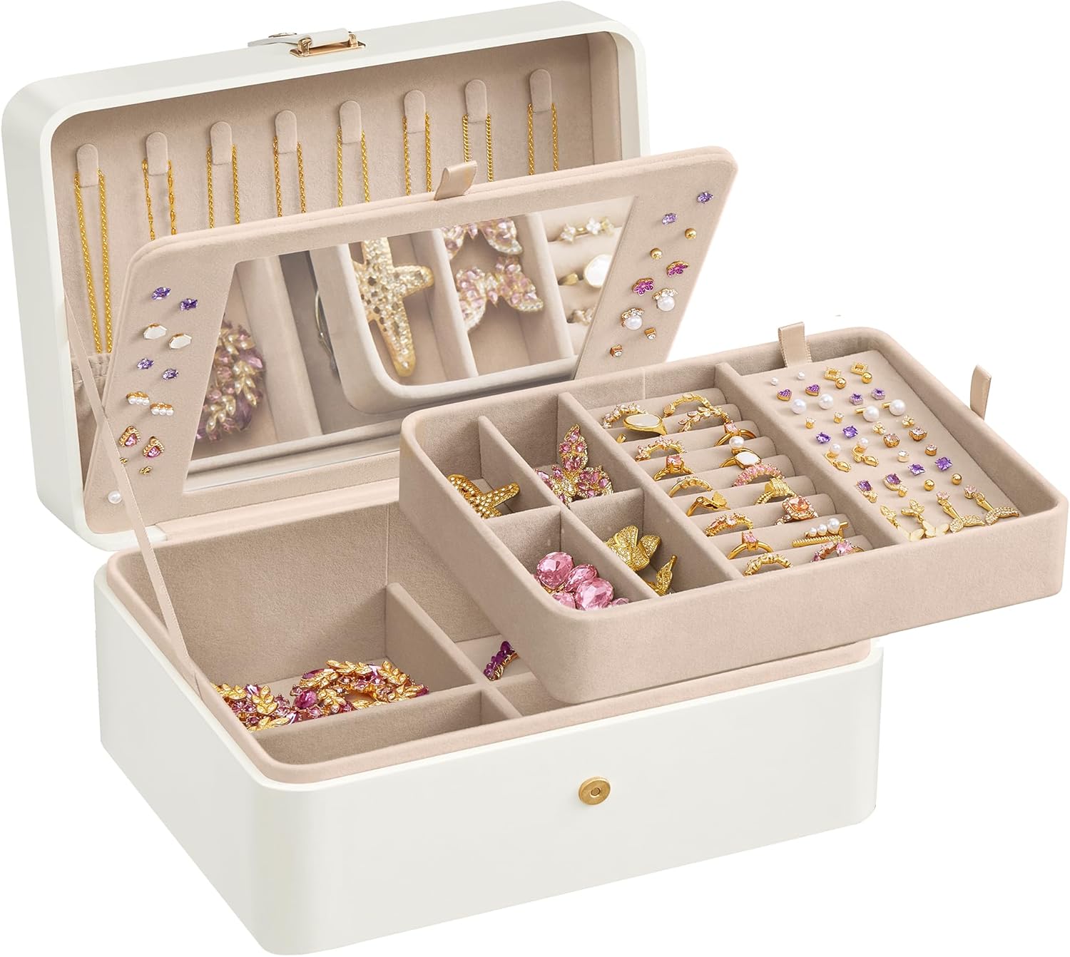 SONGMICS Jewelry Box with Mirror, 2-Layer Jewelry Holder Organizer, Travel Jewelry Case, Removable Jewelry Tray, Earring Necklace Storage, Chirstmas Gifts, Cloud White UJBC200W01