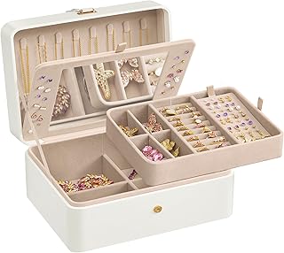 SONGMICS Jewelry Box with Mirror, 2-Layer Jewelry Holder Organizer, Travel Jewelry Case, Removable Jewelry Tray, Earring Necklace Storage, Chirstmas Gifts, Cloud White UJBC200W01