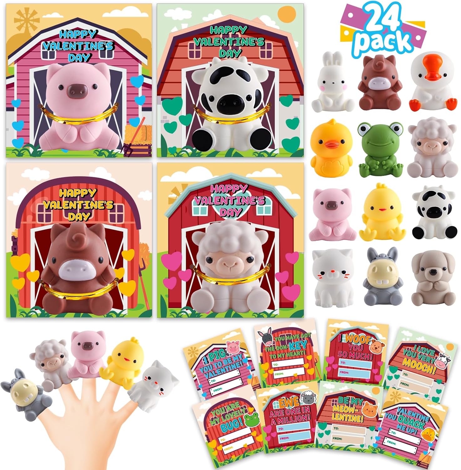 24 Pack Farm Animal Finger Puppets with Unique Cards, Valentine Party Favors for Boys & Girls, Kids Exchange Valentine's Gifts