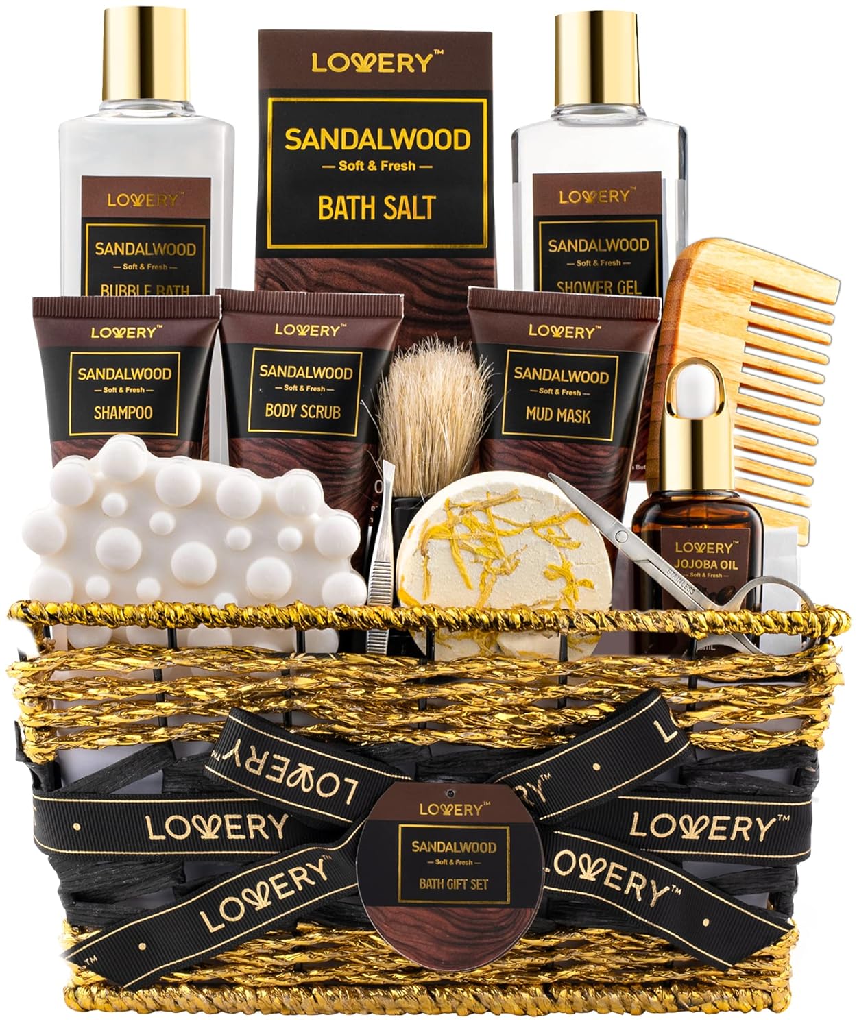 Fathers Day Mens Gift Set, 14Pc Sandalwood Bath Gift Set, Personal Self Care Kit, Gifts from Son, Relaxing Man Gift Basket for Dad, Boyfriend, Husband, Birthday Basket, Grooming & Skin Care for Men