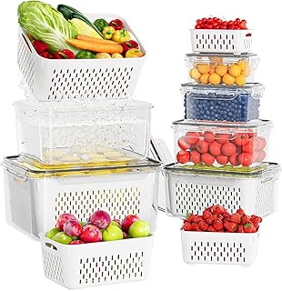 6 Pcs Large Fruit Containers For Fridge, Airtight Food Storage Containers with Removable Colander, Dishwasher & Microwave Safe, Berry Produce Container Keep Vegetable, Fruit, Meat Fresh Longer