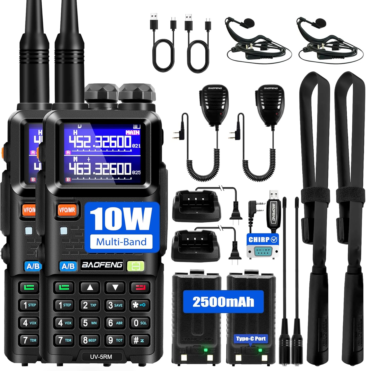 BAOFENG 5RM Ham Radio 10W Long Range Handheld NOAA Weather Receiver 2500mAh Battery UV-5RM Radio with Programming Cable,Speaker Mic,Tactical Antenna,Type-C Charging,2Pack