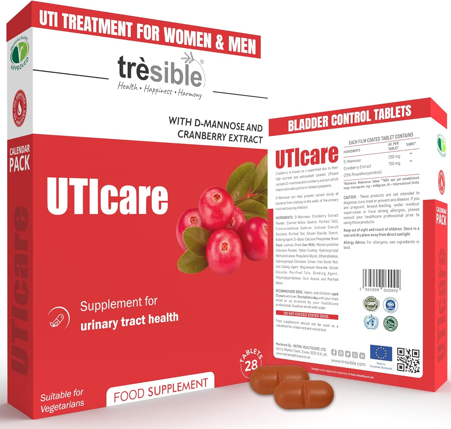 Tresible Cranberry Tablets for Urinary Infections (1 Month Supply) - Cranberry Extract and D Mannose Tablets for Bladder Control, Kidney Support and Cystitis Relief - UTI Treatment for Women and Men