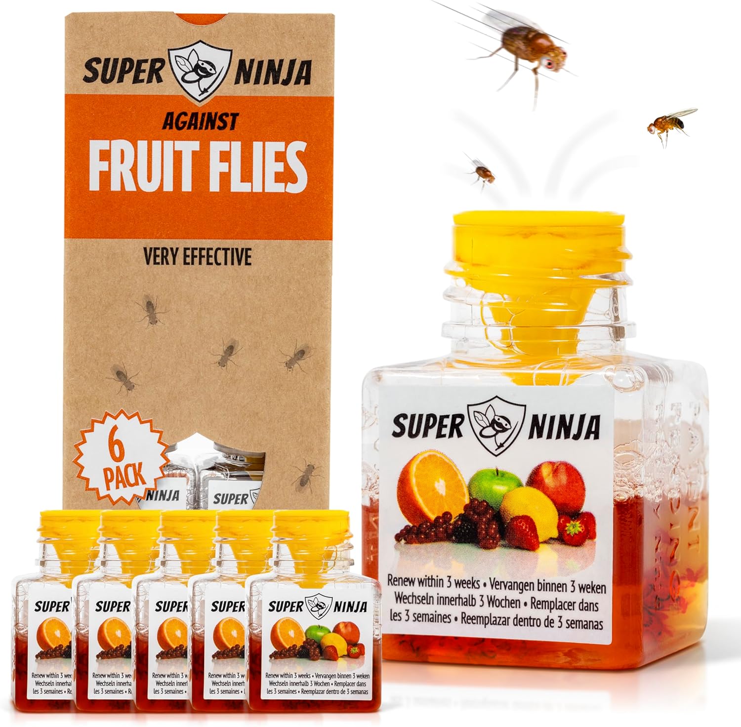 Super Ninja Fruit Fly Trap - 6 pack, Highly Effective Fruit Fly Killer for Home & Kitchen, Up to 3 Weeks of Performance per Bottle, Child & Pet Friendly