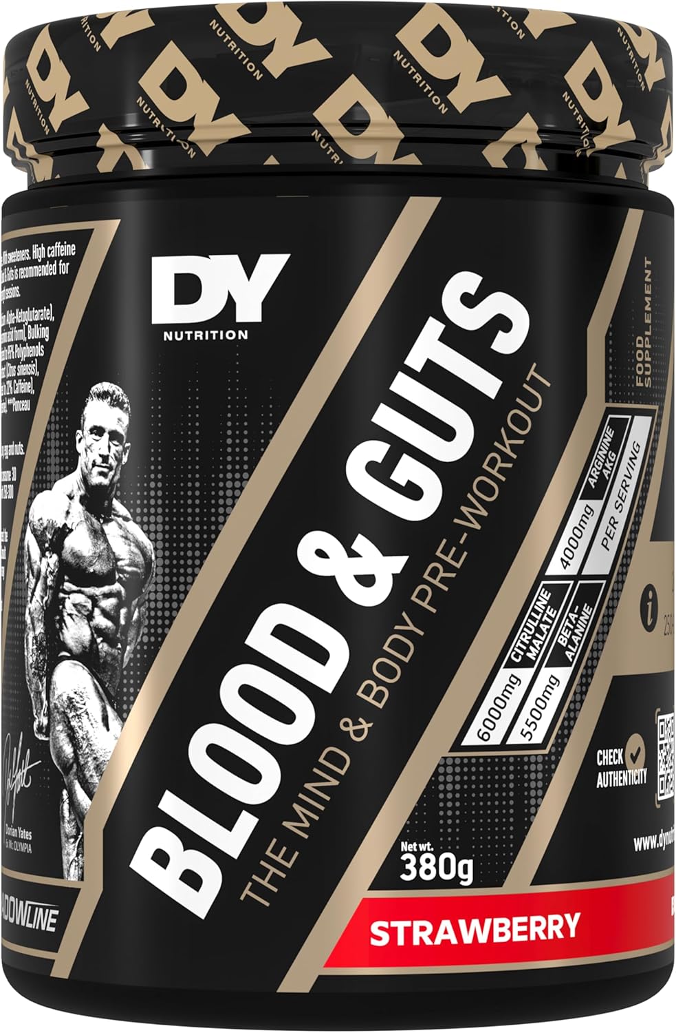 DY Nutrition - Blood and Guts Pre Workout Powder, 380g (Strawberry) - High Strength Preworkout with 350mg Caffeine, Citrulline Malate, Beta Alanine, Arginine AKG, L-Tyrosine, Vitamin B3, Men & Women