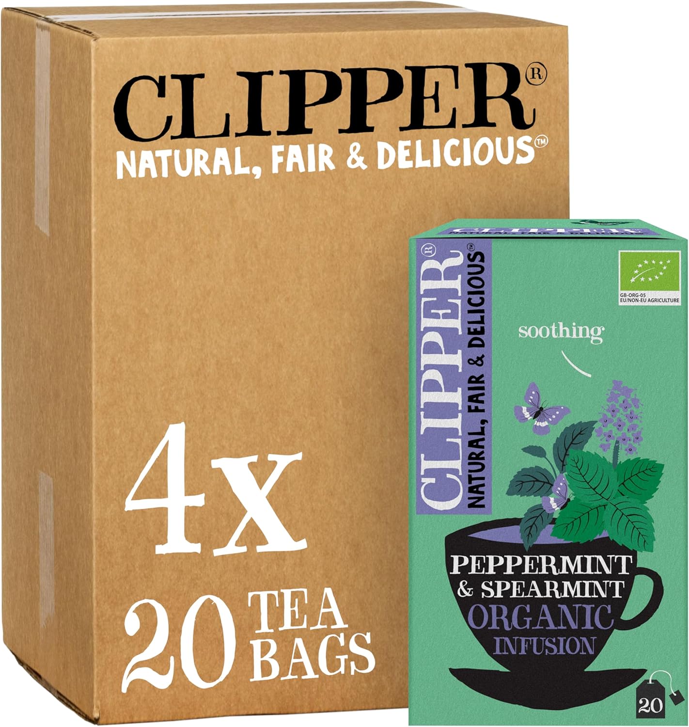 Clipper Organic Peppermint & Spearmint Infusions Fruit Teabags / 80 Infusions Tea Bags (4x Boxes of 20) / Caffeine-Free Herbal Tea/Natural, Unbleached, Plastic Free