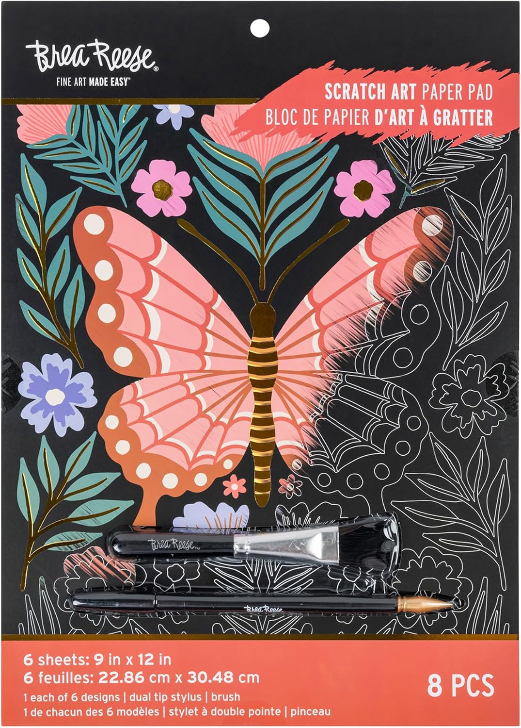 Brea Reese: Scratch Art Paper Pad - Butterfly Garden - 6 Designs, Metallic Guided Art, Dual-Tip Stylus & Brush, Easy-to-Frame 9x12 Pages, Adult Craft