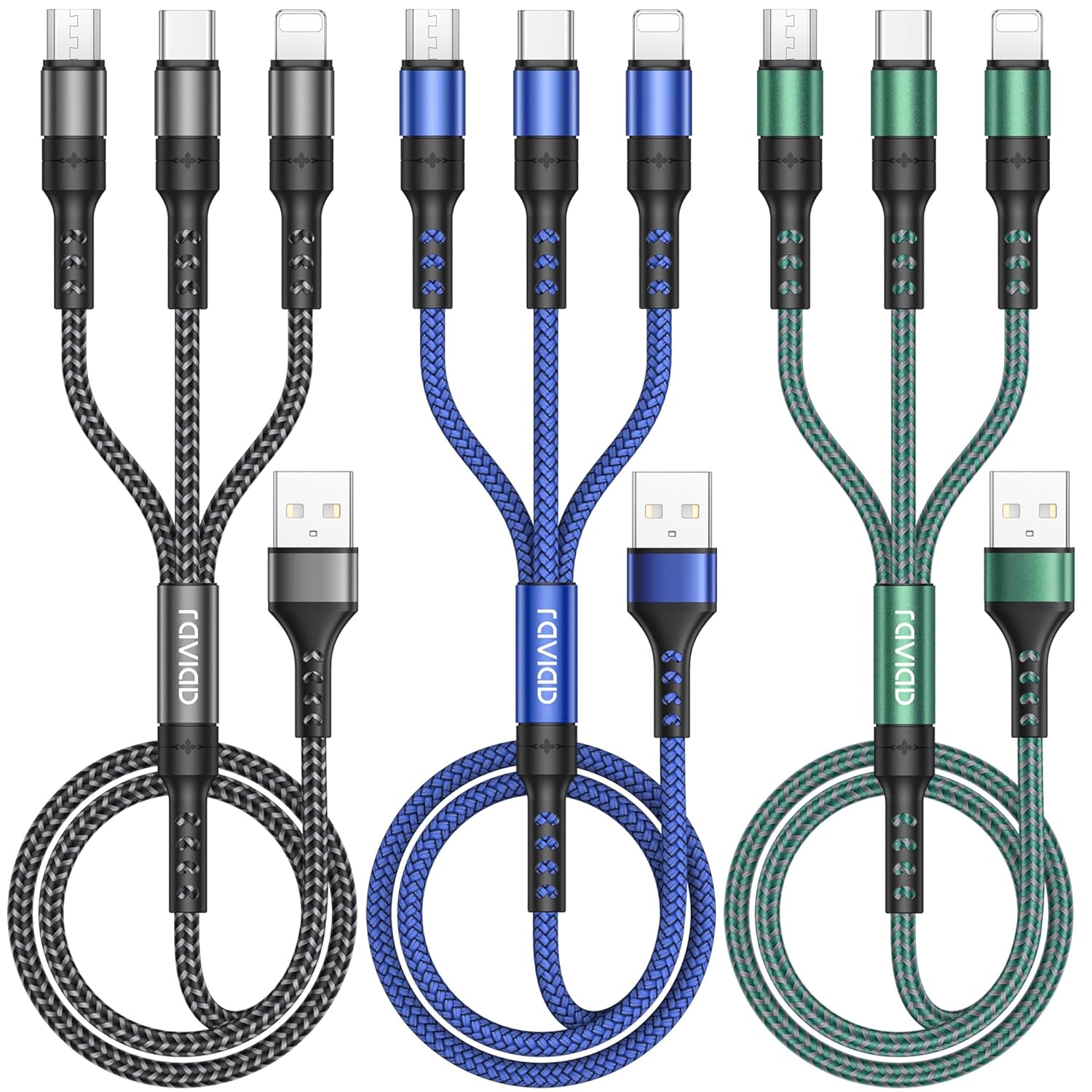 RAVIAD Multi Charger Cable, 3 in 1 Charger Cable [3Pack 1.2M] Multiple USB Cbale Nylon Braided with Micro USB Type C iPhone Connector for iPhone, Android Galaxy, Huawei, Oneplus, LG