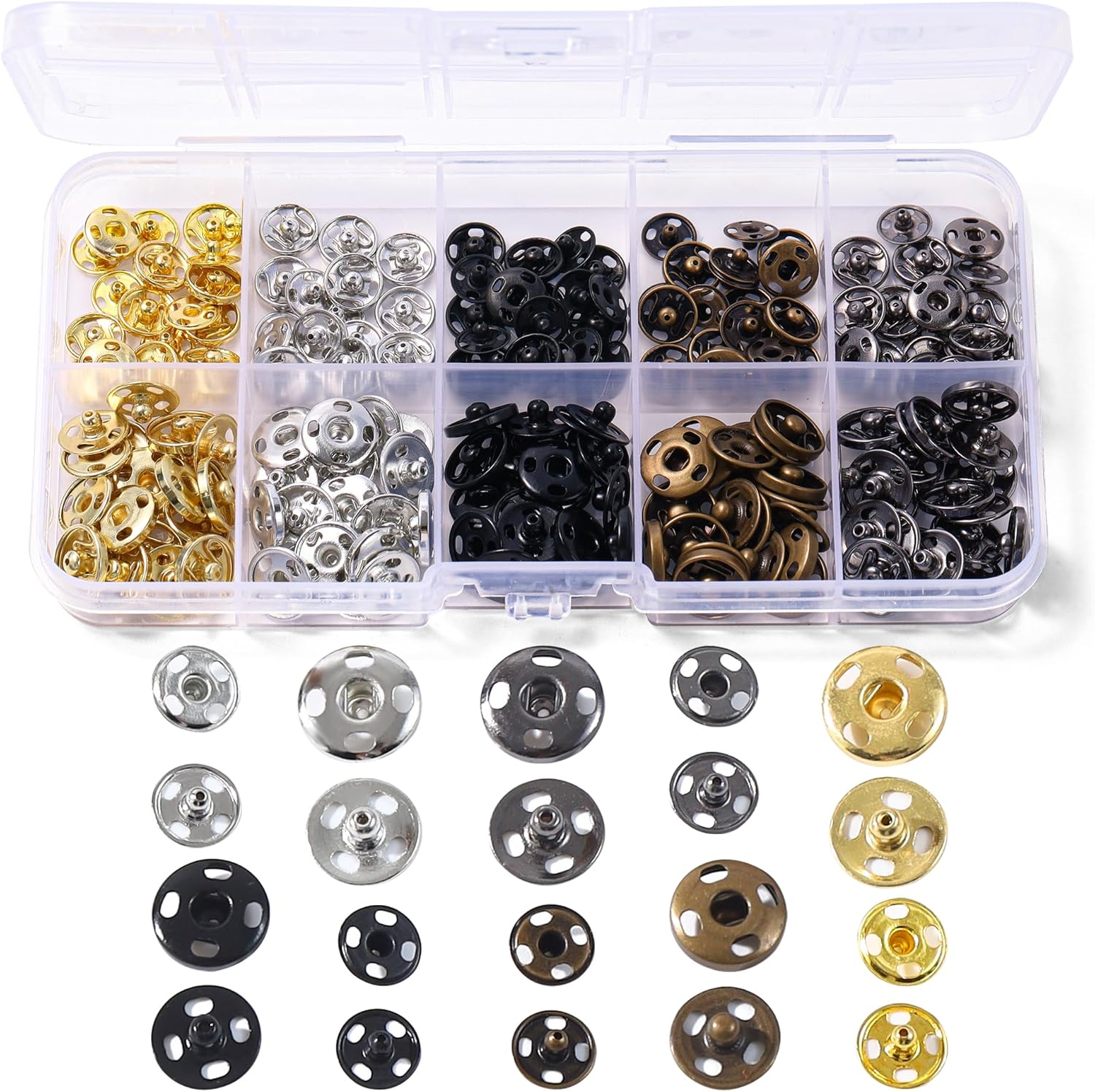 Scaups 200 PCS Snaps for Fabric, 8mm and 10mm Fabric Snaps, 5 Colors Snap Buttons for Clothes, Suitable for Sewing