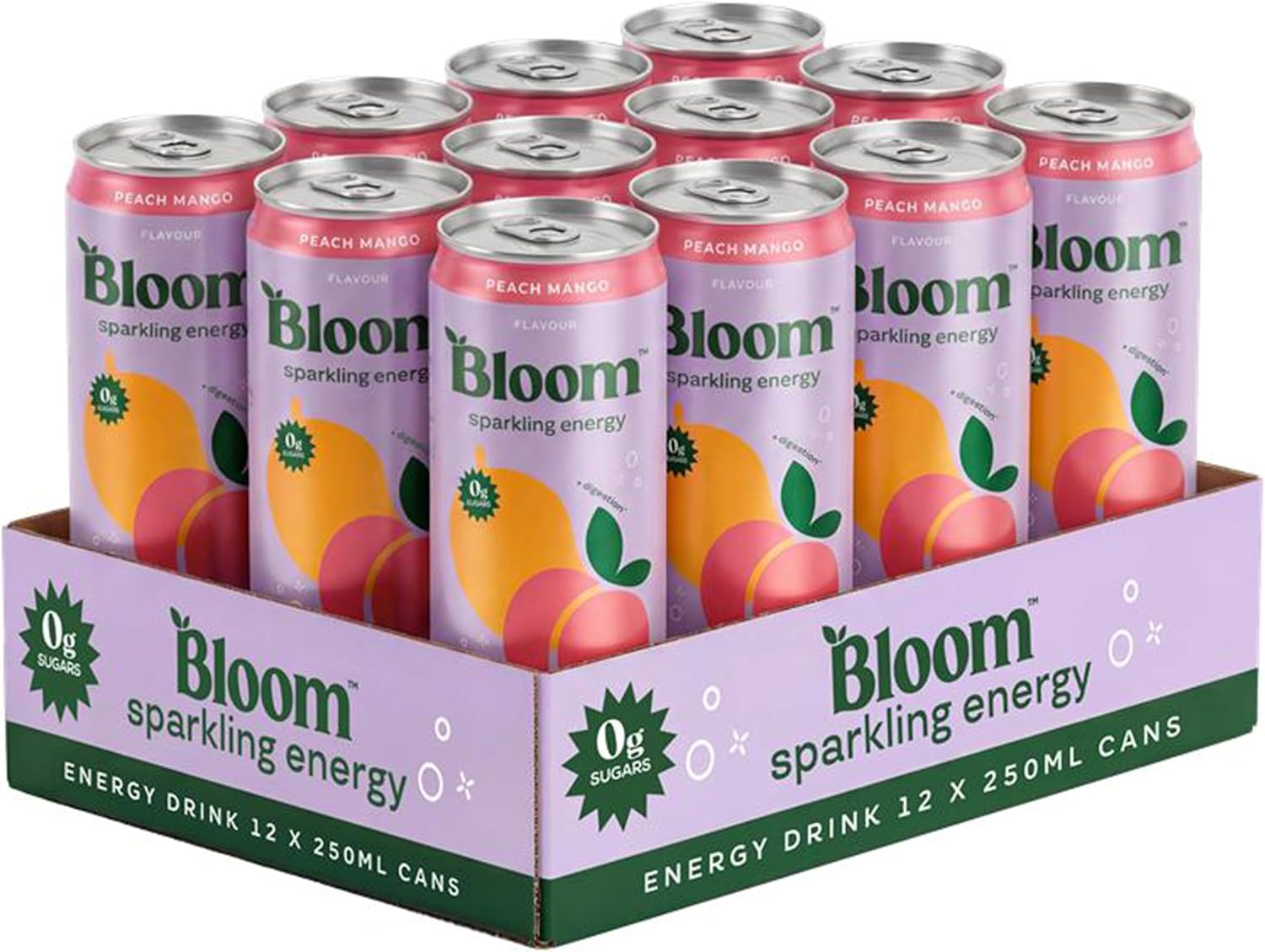 Bloom Nutrition Sparkling Energy Drink Peach Mango 250ml (12 Pack) | Zero Sugar Energy Drink with 80mg Natural Caffeine, Vitamins C, B3 & B5 | Low Calorie and Multivitamin Energy Drink