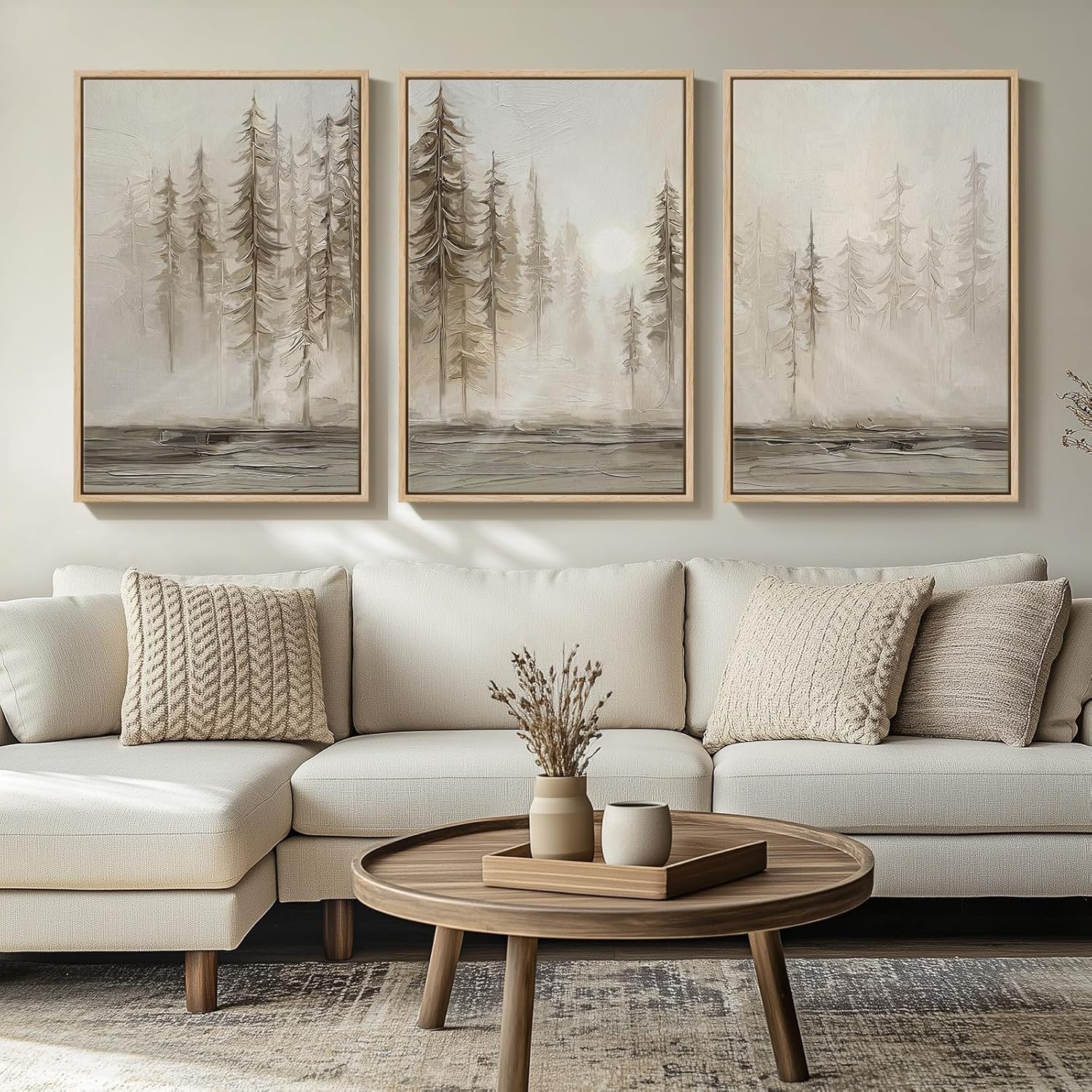 Framed Netural Wall Art for Living Room, Large 3 Piece Abstract Pastel Grunge Forest Landscape Tree Canvas Artwork Set, Modern Art Decorative Nordic Painting Picture Prints for Hallway Office 24x36 In