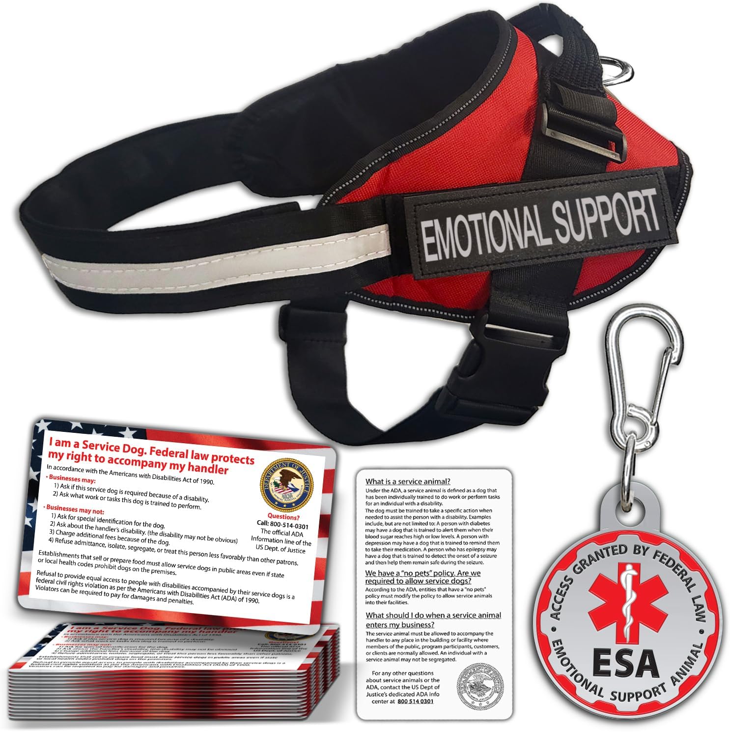 ESA Dog Vest + ID Tag + 50 ADA Information Cards - Emotional Support Dog Harness in Sizes X Small to XX-Large Metal Dog Tag Durable Clip Service Dog Information Cards