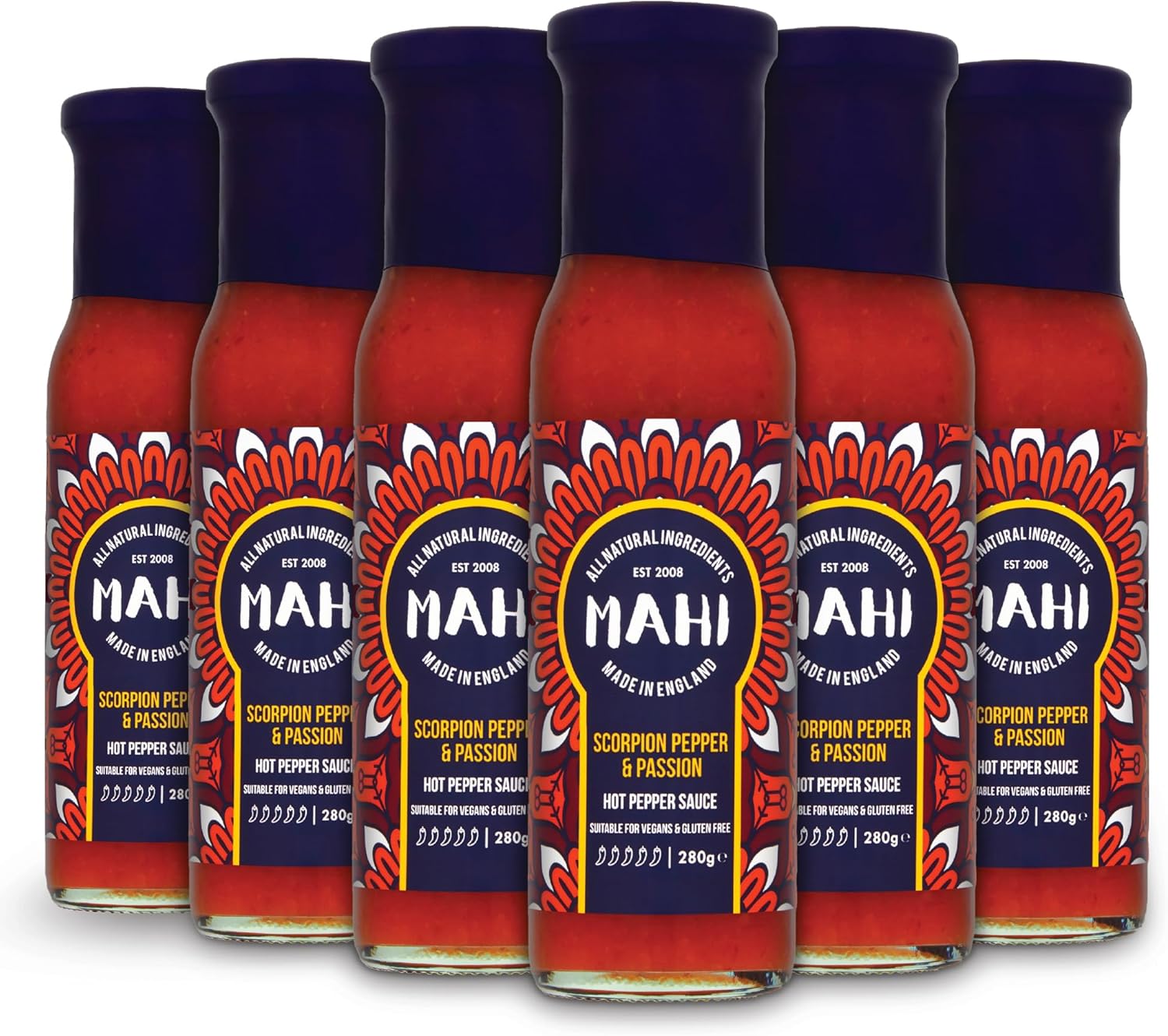 MAHI Hot Chilli Sauce - Scorpion Pepper & Passion Extra Spicy Sauce | 6x Pack | Vegan & Gluten Free | No Artificial Colours or Flavours | Extra Hot With Trinidad Scorpion Peppers (6x 165g Bottles)