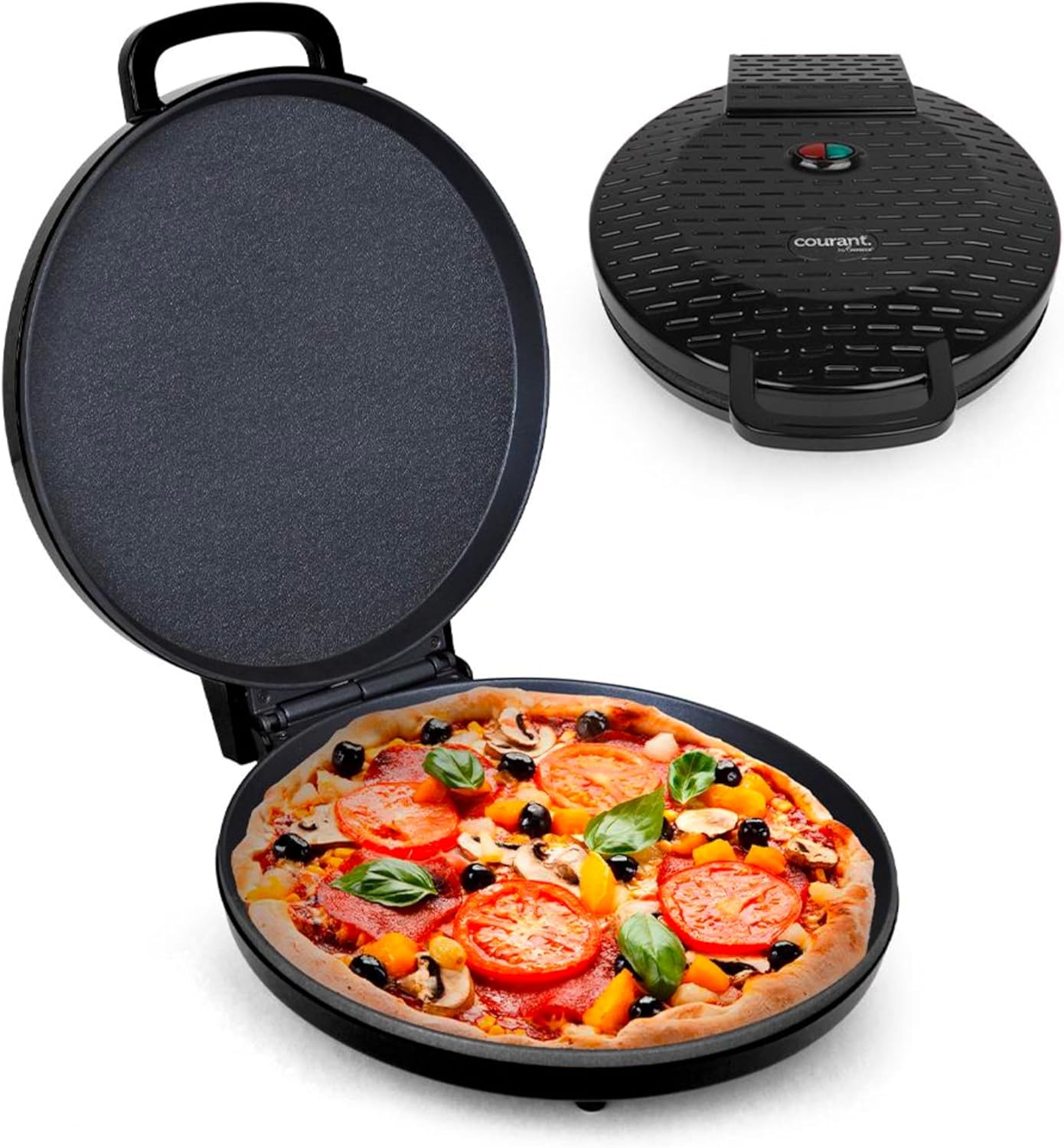 Courant Countertop Pizza Maker 12 inch Pizzas Machine, Newly improved Cool-touch Handle Non-Stick plates Pizza oven & Calzone Maker, Electric Oven for Home or School, 12” Indoor Grill/Griddle, Black